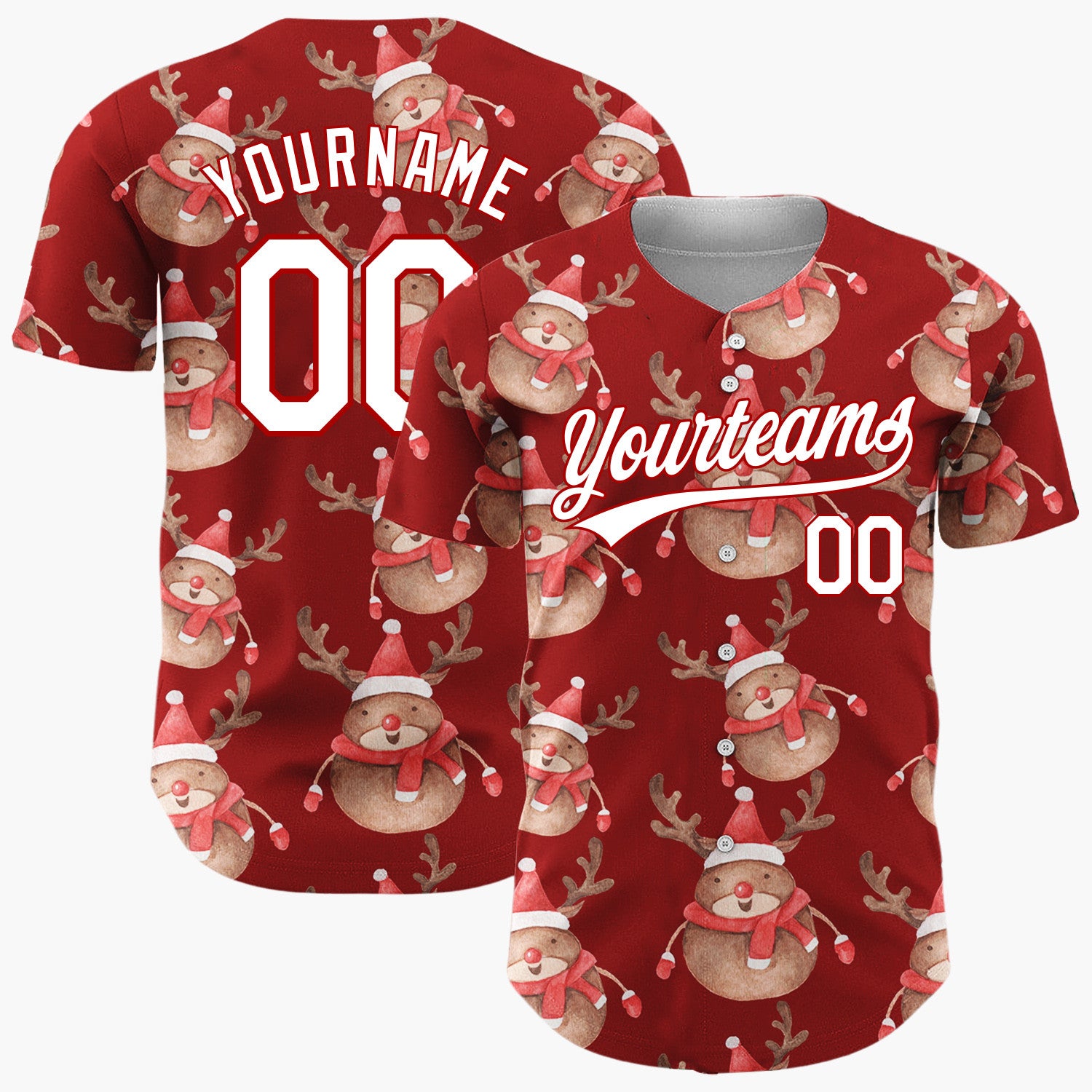 Custom Red Cute Reindeer Festive Watercolor Pattern Christmas Baseball Jersey