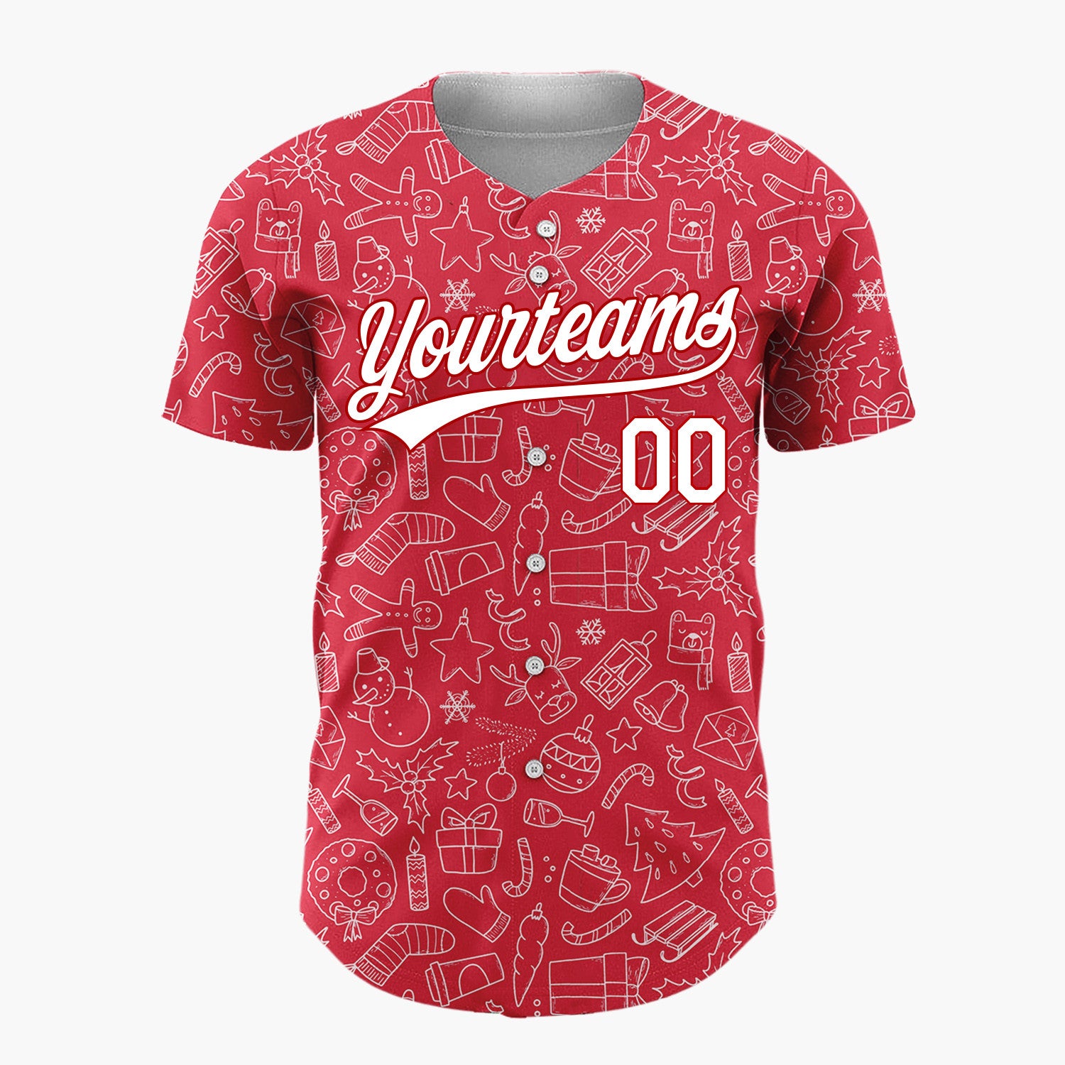 Custom Red Doodled Christmas Icon Line Art Pattern Christmas Baseball Jersey
