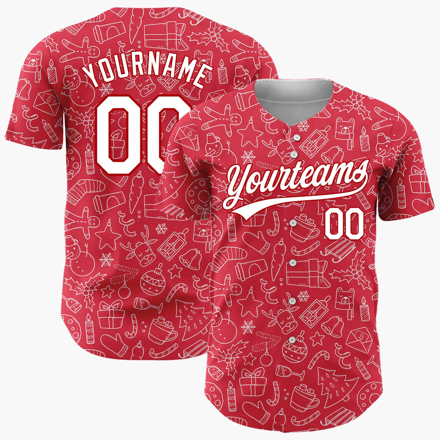 Custom Red Doodled Christmas Icon Line Art Pattern Christmas Baseball Jersey