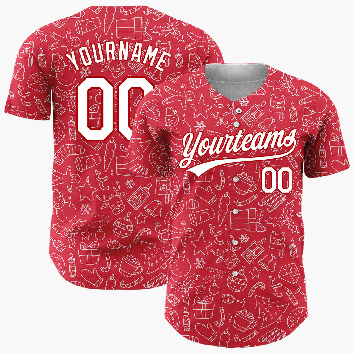 Custom Red Doodled Christmas Icon Line Art Pattern Christmas Baseball Jersey