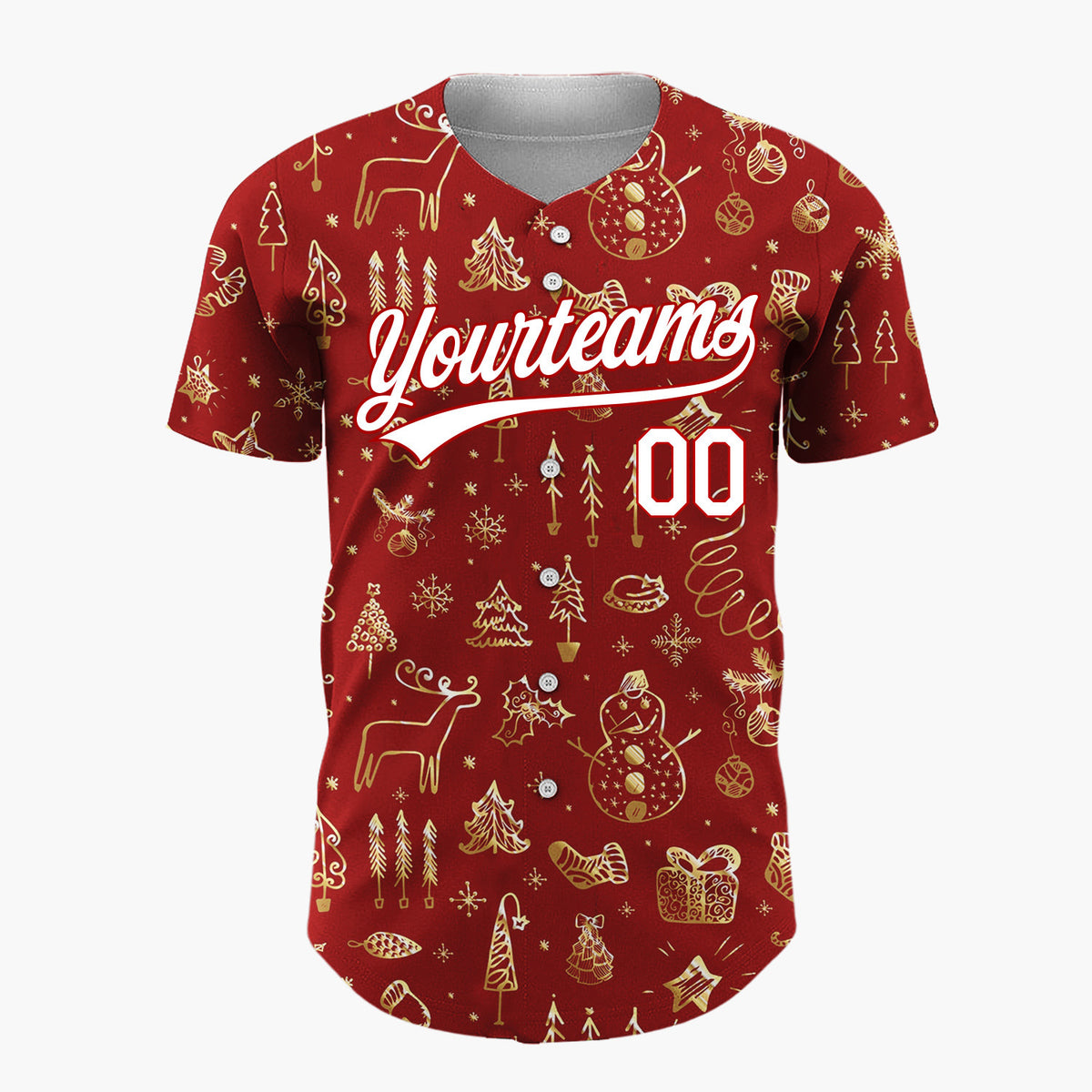 Custom Red Gold Christmas Doodles Hand Drawn Festive Pattern Christmas Baseball Jersey