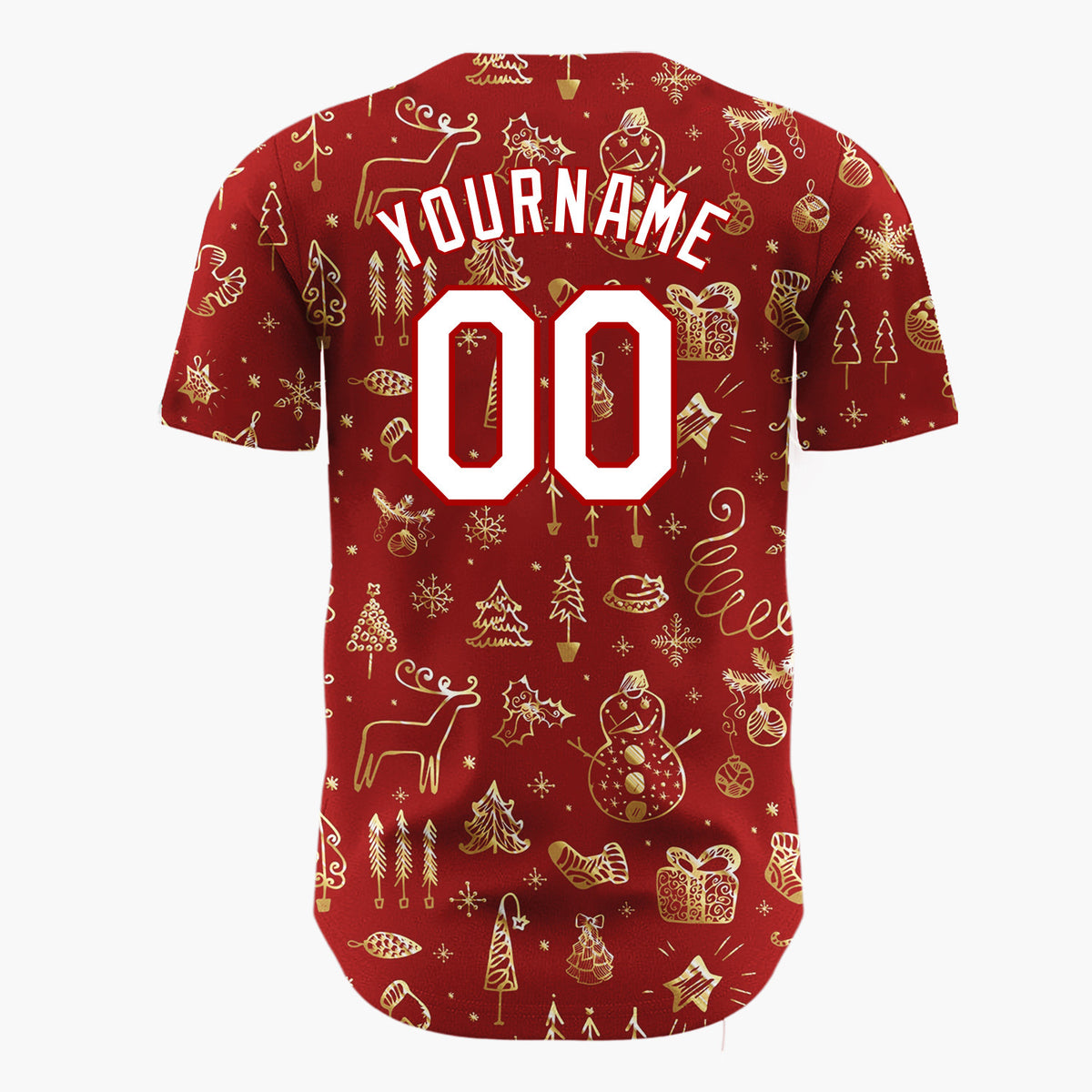 Custom Red Gold Christmas Doodles Hand Drawn Festive Pattern Christmas Baseball Jersey