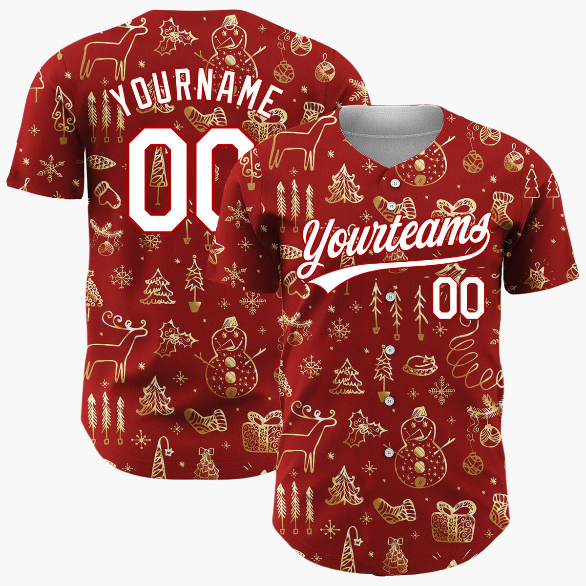 Custom Red Gold Christmas Doodles Hand Drawn Festive Pattern Christmas Baseball Jersey