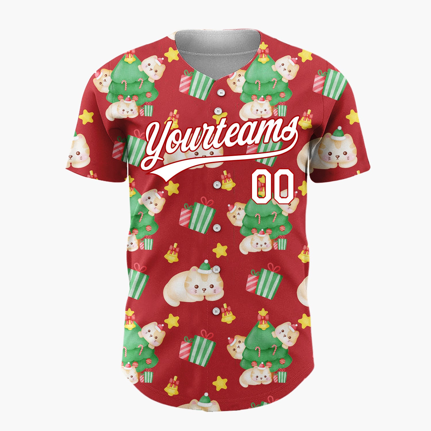 Custom Red Cute Cat Christmas Tree Kawaii Pattern Christmas Baseball Jersey