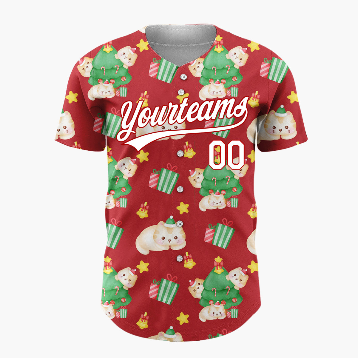 Custom Red Cute Cat Christmas Tree Kawaii Pattern Christmas Baseball Jersey