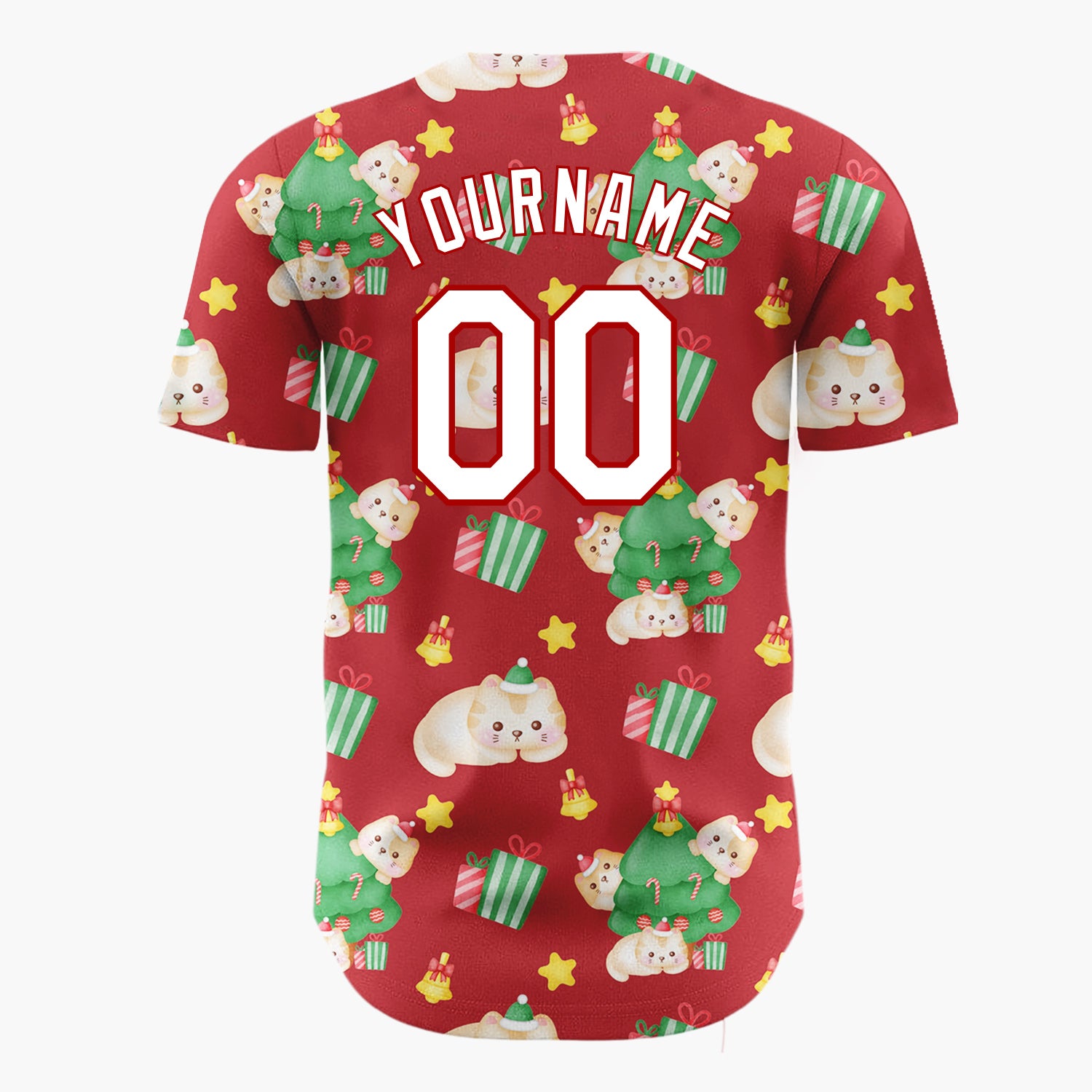 Custom Red Cute Cat Christmas Tree Kawaii Pattern Christmas Baseball Jersey