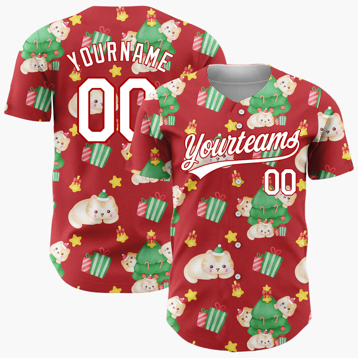 Custom Red Cute Cat Christmas Tree Kawaii Pattern Christmas Baseball Jersey