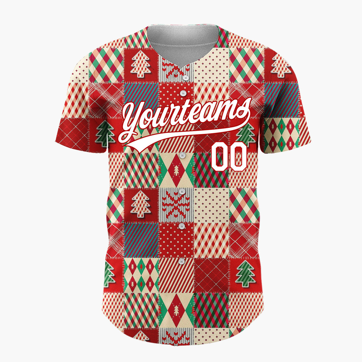 Custom Red Christmas Quilt Patchwork Plaid Pattern Christmas Baseball Jersey
