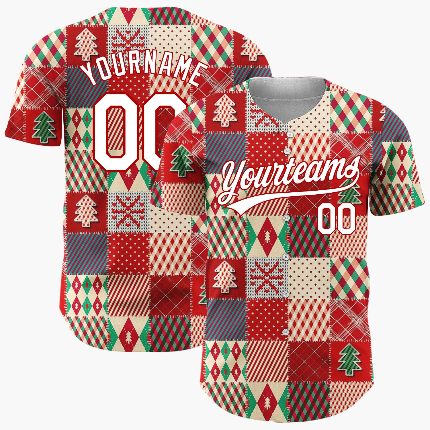 Custom Red Christmas Quilt Patchwork Plaid Pattern Christmas Baseball Jersey