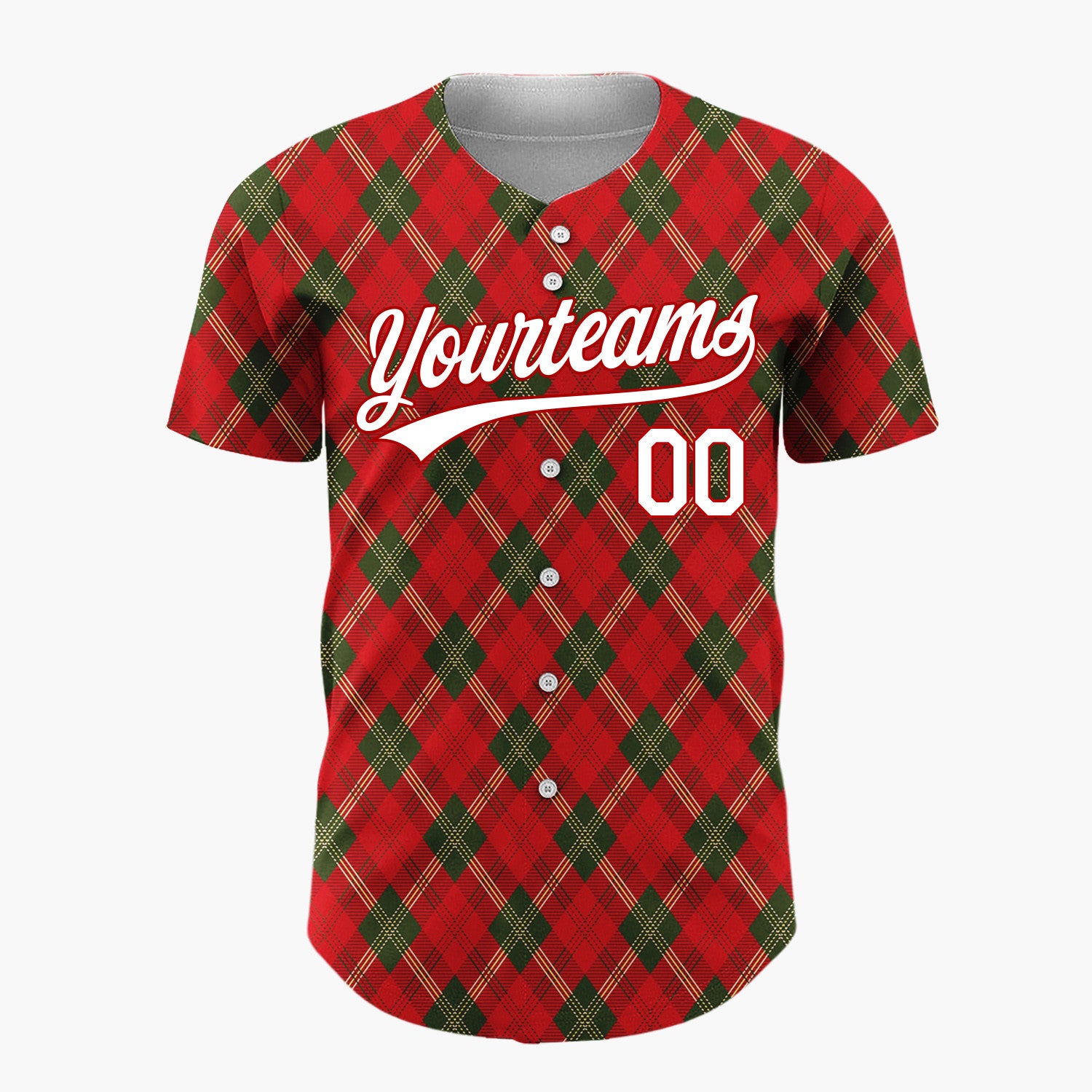 Custom Red Dark Green Diagonal Argyle Tartan Traditional Plaid Pattern Christmas Baseball Jersey
