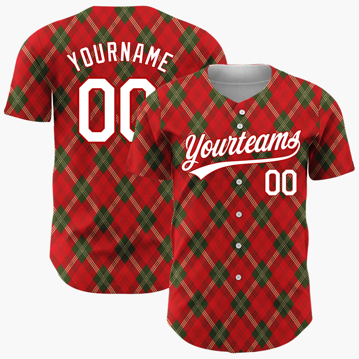 Custom Red Dark Green Diagonal Argyle Tartan Traditional Plaid Pattern Christmas Baseball Jersey