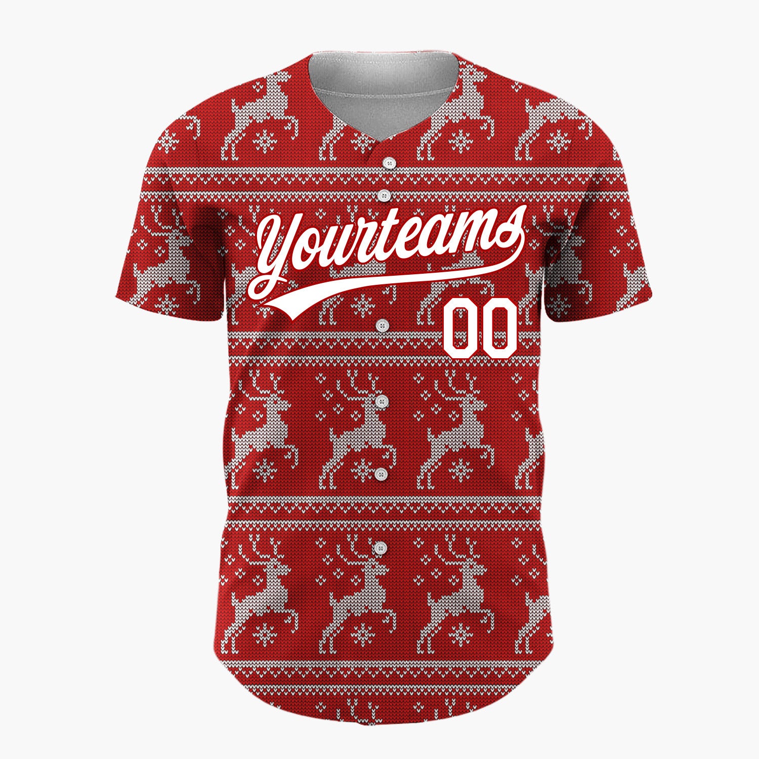 Custom Red Leaping Reindeer Nordic Fair Isle Knitted Pattern Christmas Baseball Jersey