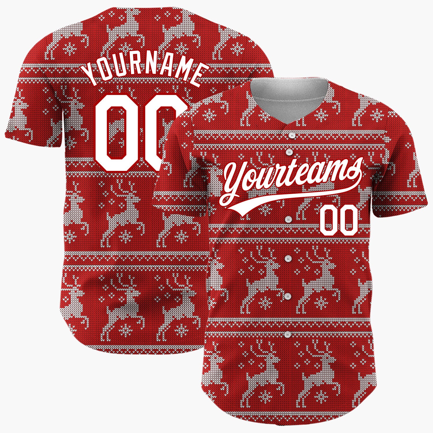Custom Red Leaping Reindeer Nordic Fair Isle Knitted Pattern Christmas Baseball Jersey