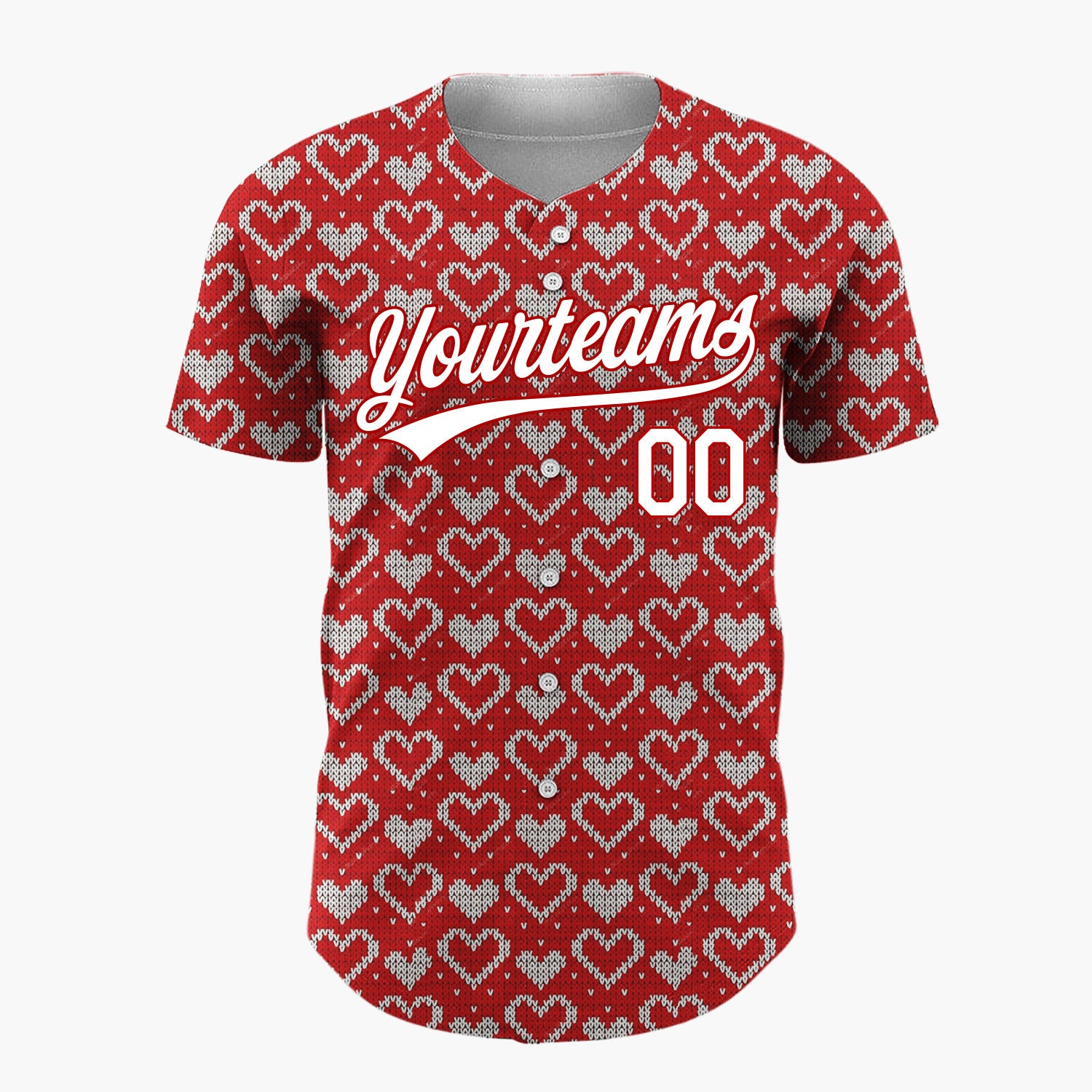 Custom Red Tiny White Hearts Fair Isle Knitted Pattern Christmas Baseball Jersey