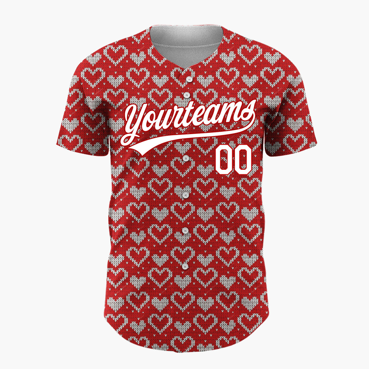 Custom Red Tiny White Hearts Fair Isle Knitted Pattern Christmas Baseball Jersey