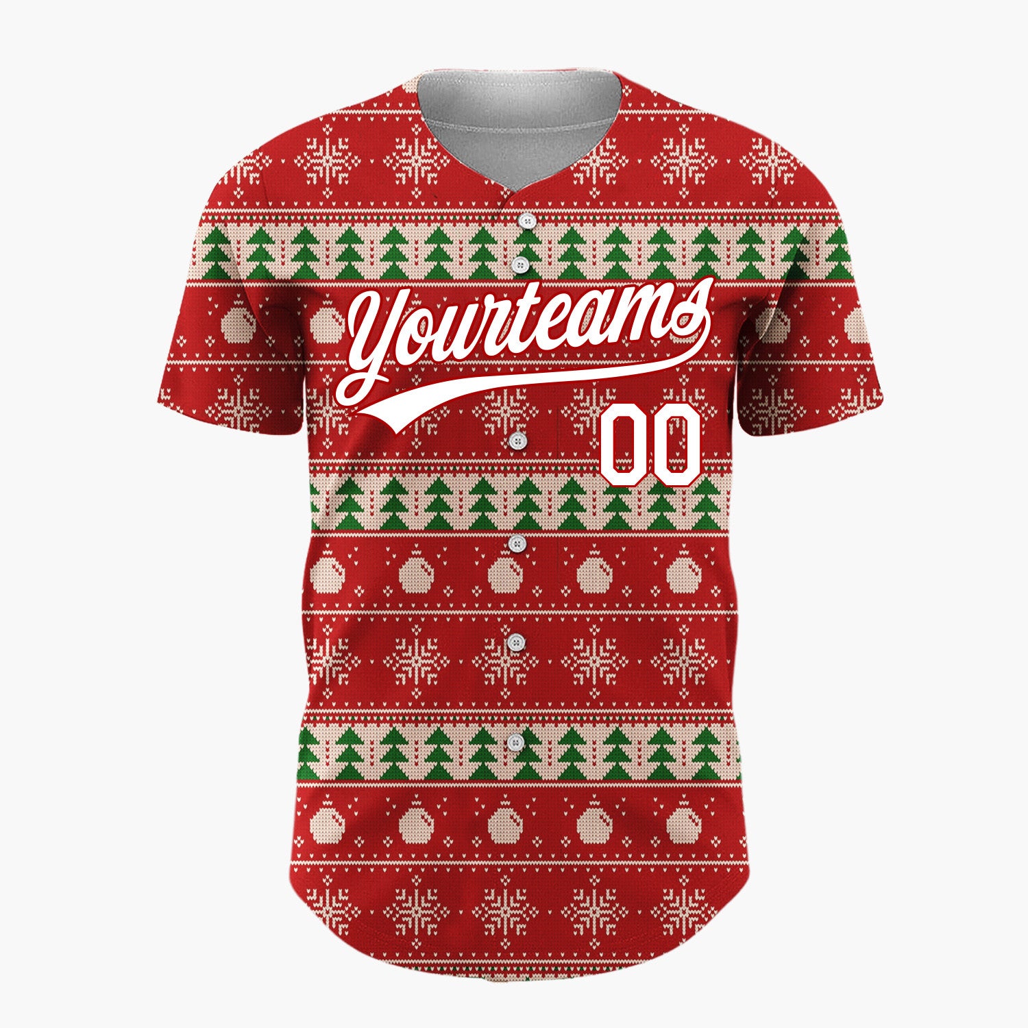 Custom Red Green And White Trees Snowflakes And Ornaments Nordic Knit Christmas Baseball Jersey