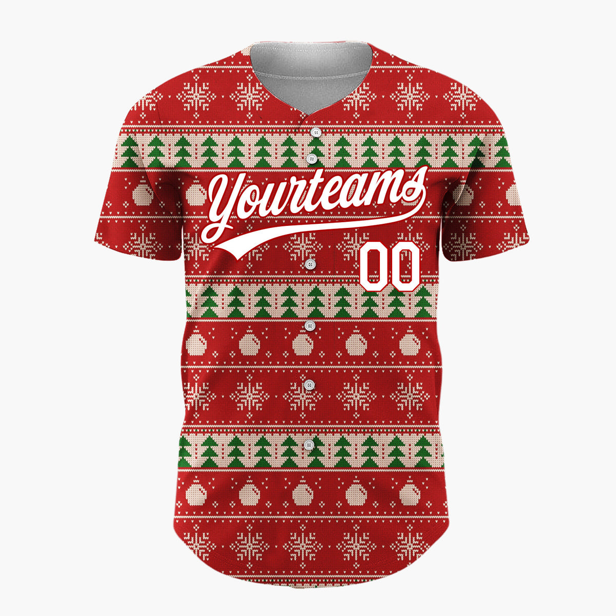 Custom Red Green And White Trees Snowflakes And Ornaments Nordic Knit Christmas Baseball Jersey