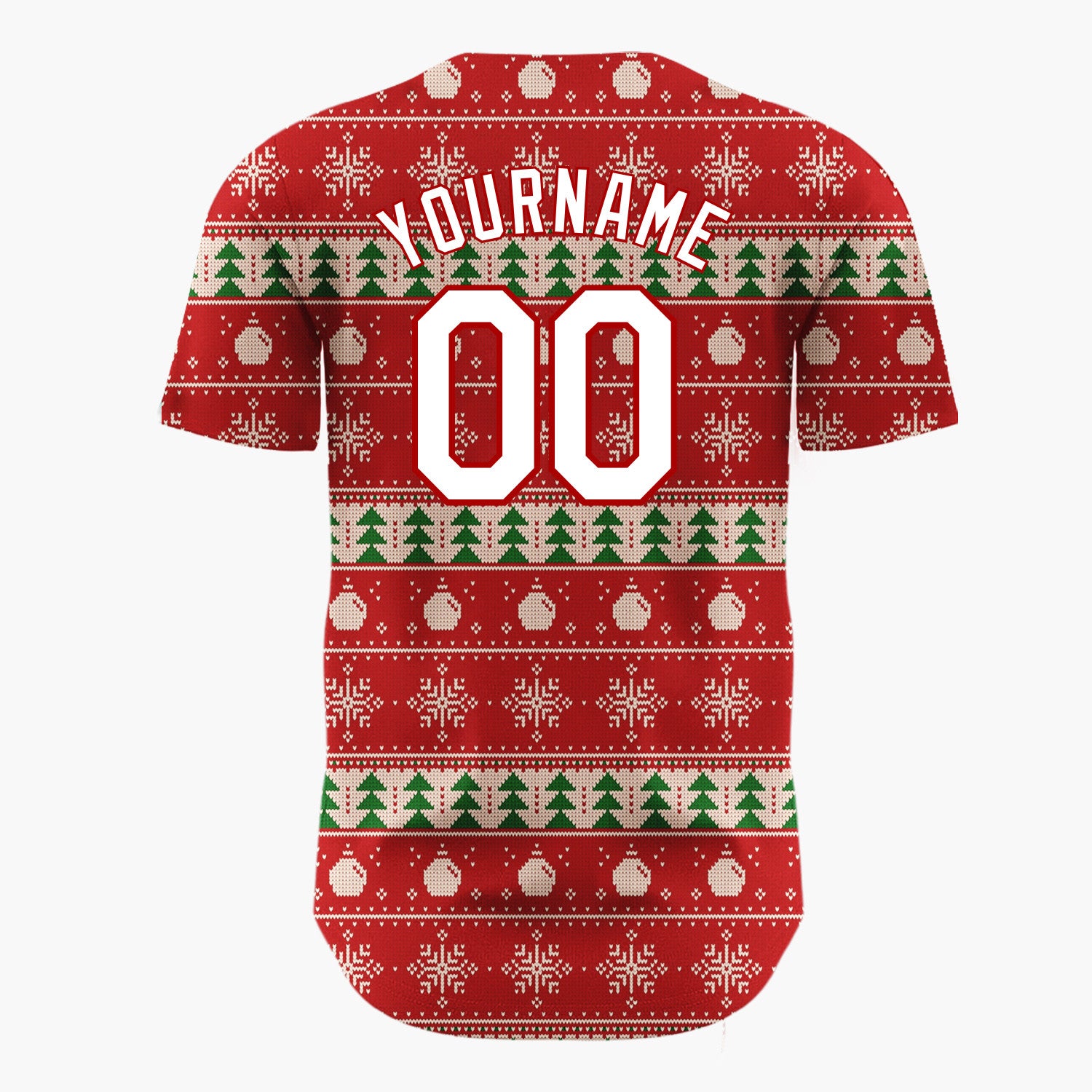 Custom Red Green And White Trees Snowflakes And Ornaments Nordic Knit Christmas Baseball Jersey
