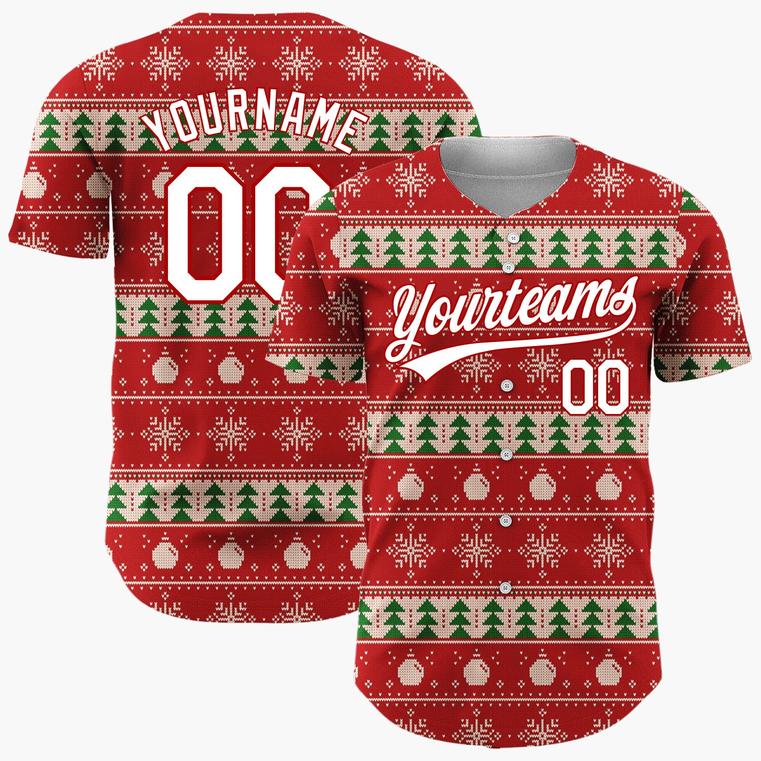 Custom Red Green And White Trees Snowflakes And Ornaments Nordic Knit Christmas Baseball Jersey