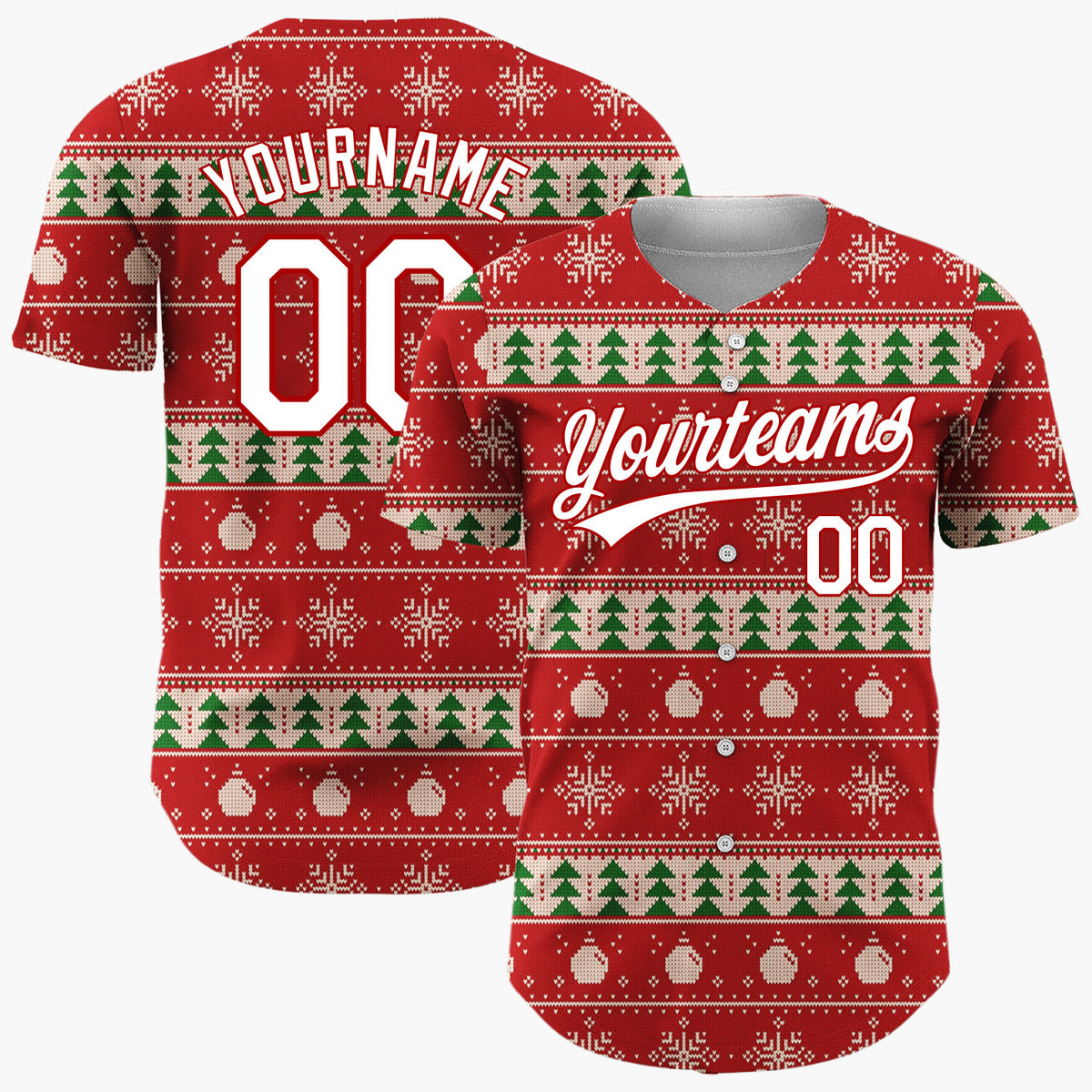 Custom Red Green And White Trees Snowflakes And Ornaments Nordic Knit Christmas Baseball Jersey