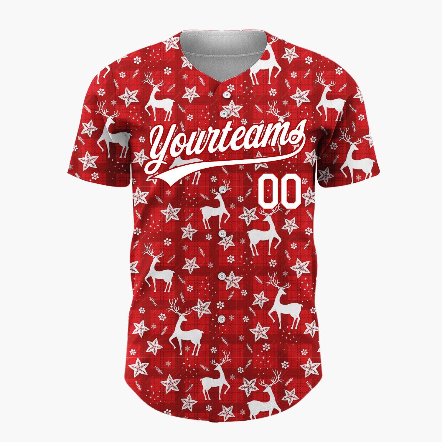 Custom Red Reindeer Snowflakes Nordic Pattern Christmas Baseball Jersey