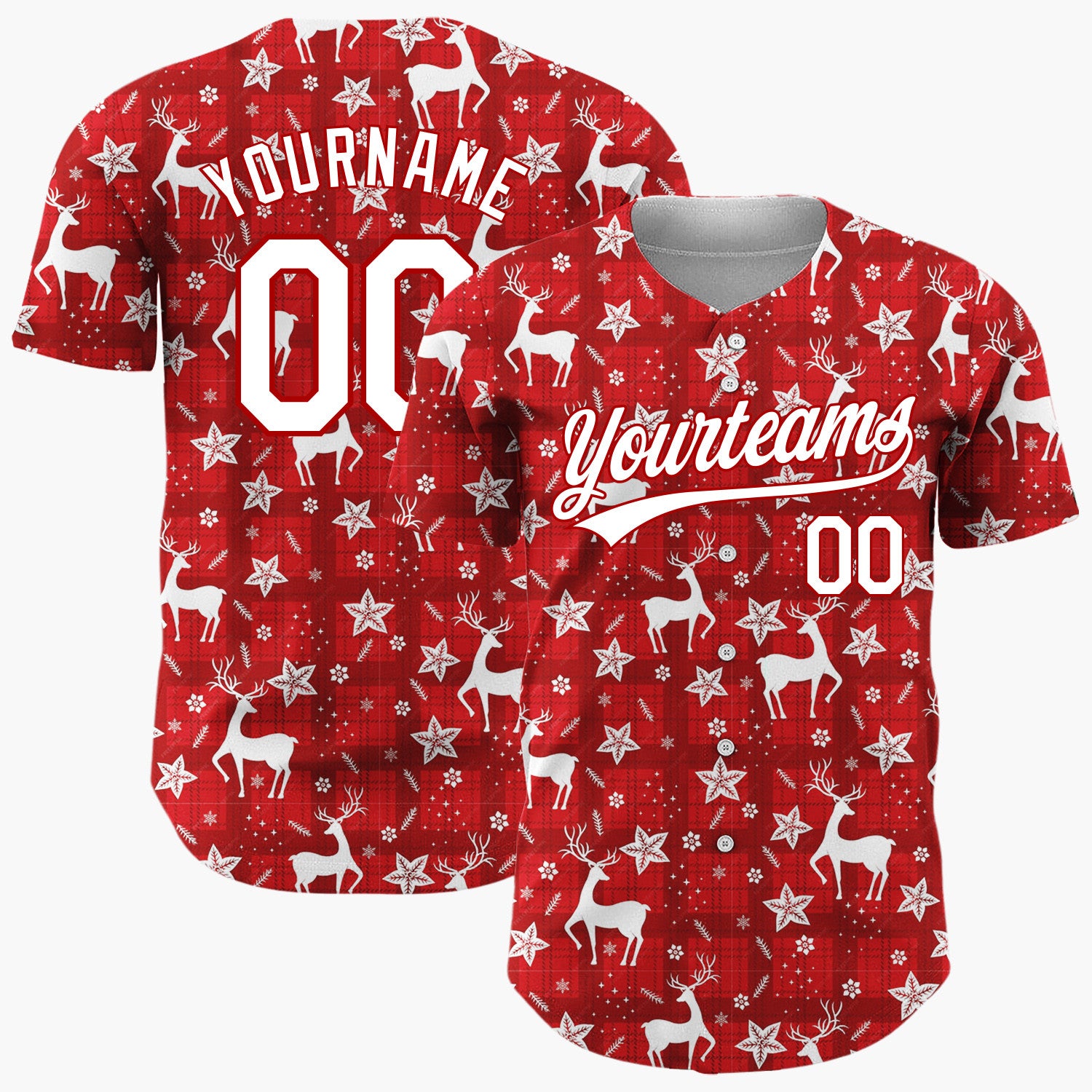 Custom Red Reindeer Snowflakes Nordic Pattern Christmas Baseball Jersey
