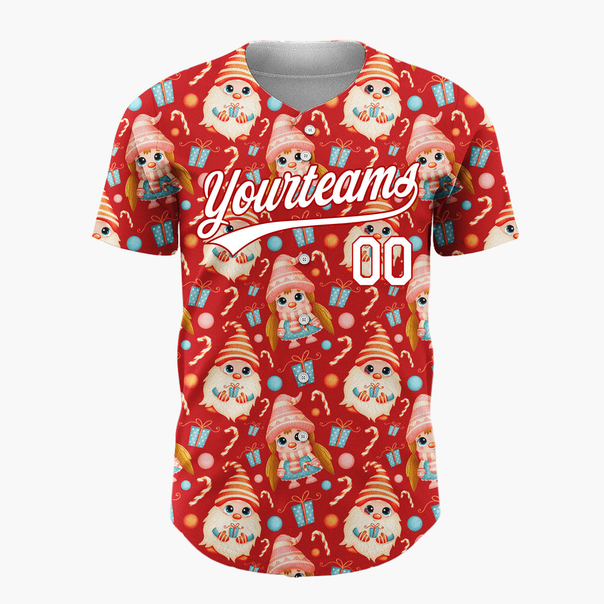 Custom Red Cute Gnome Candy Kawaii Pattern Christmas Baseball Jersey