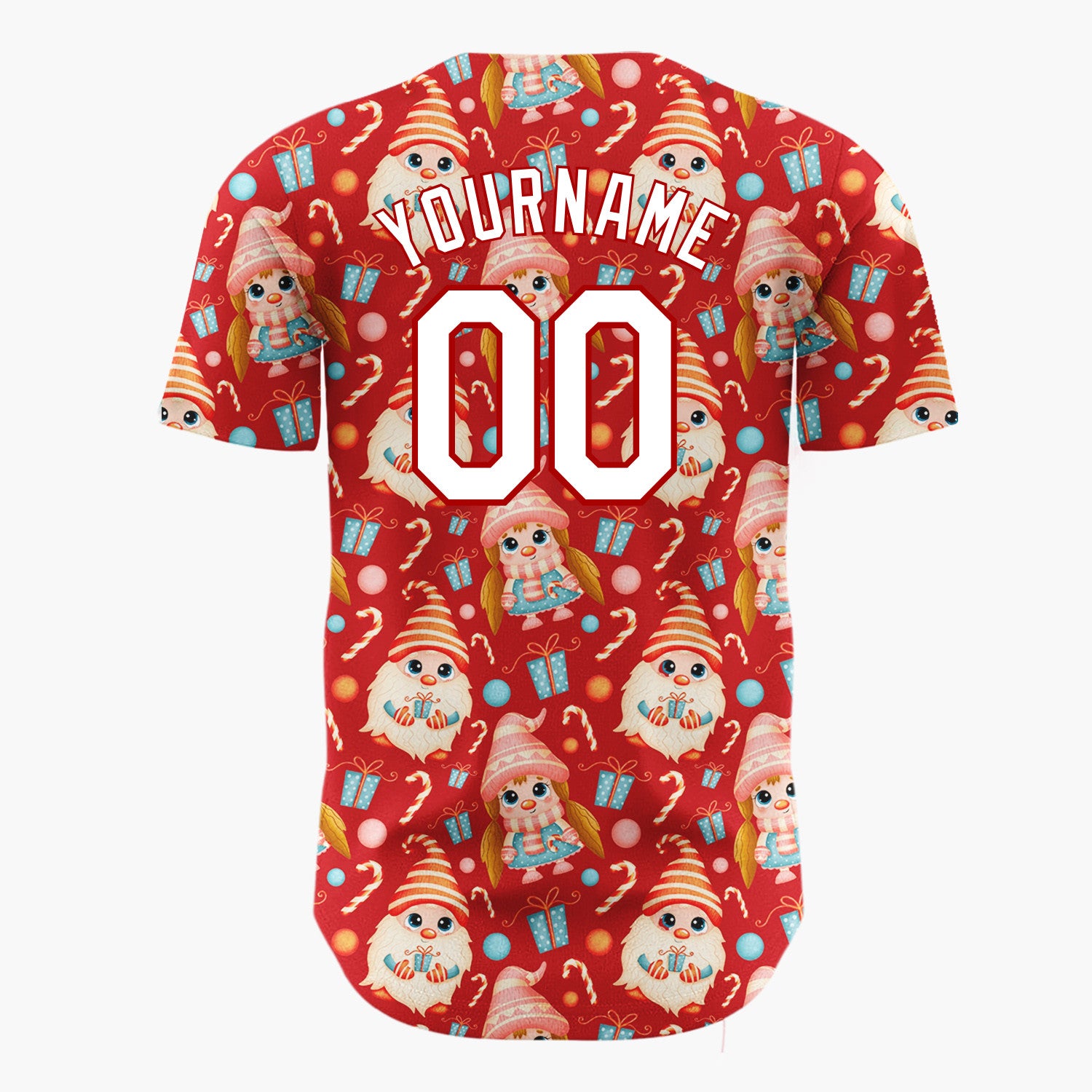 Custom Red Cute Gnome Candy Kawaii Pattern Christmas Baseball Jersey