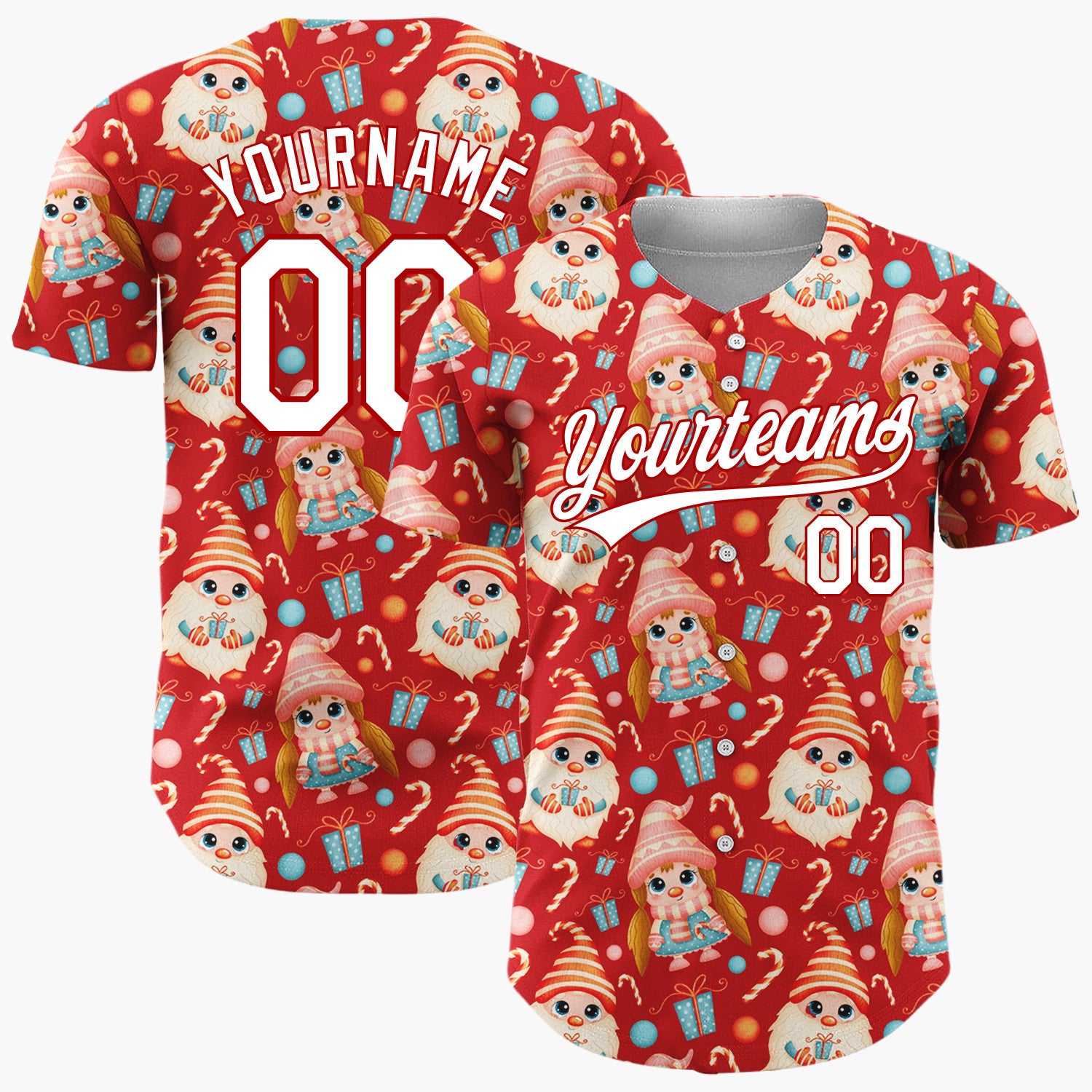 Custom Red Cute Gnome Candy Kawaii Pattern Christmas Baseball Jersey