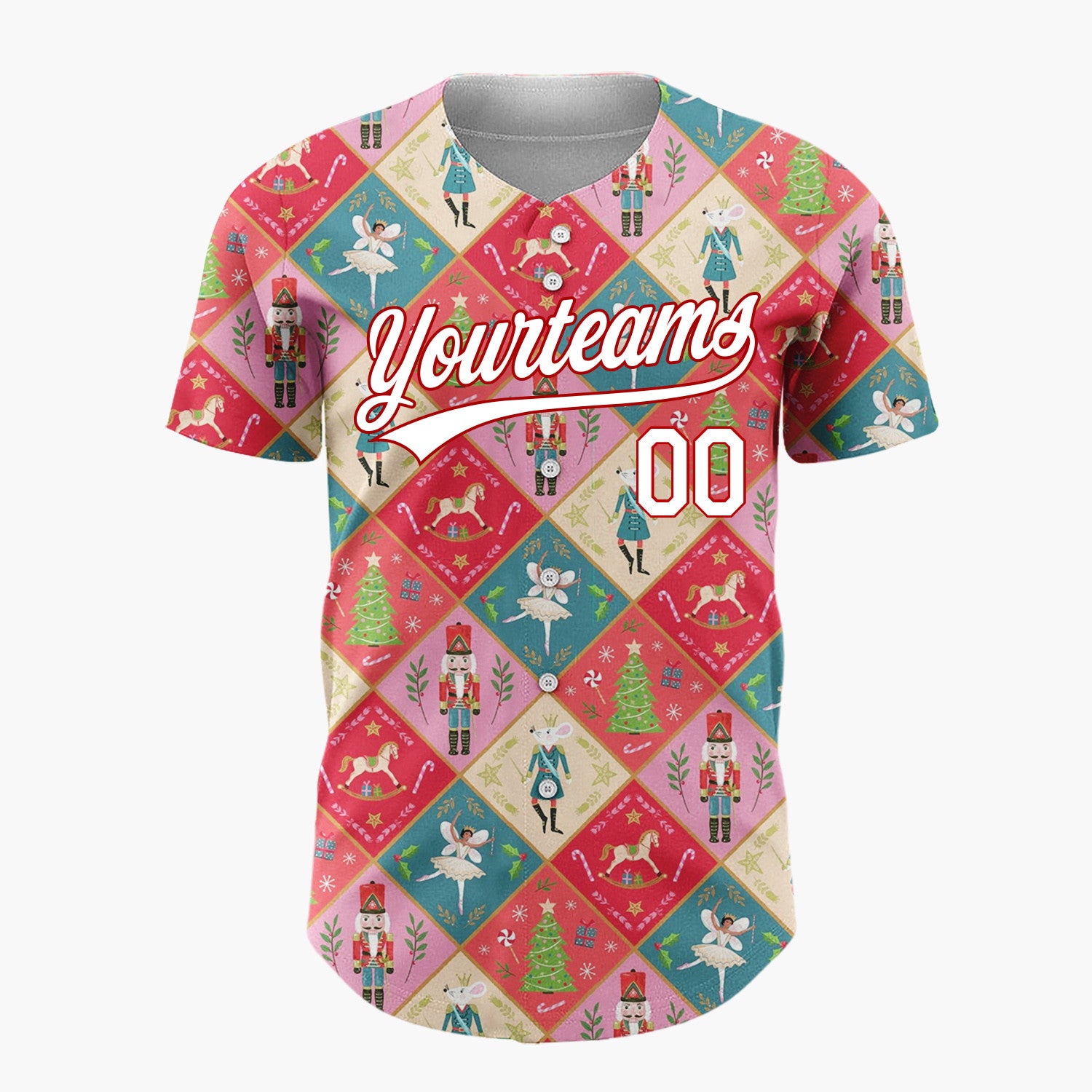 Custom Red Green Nutcracker Ballet Fairies And Trees Elegant Christmas Baseball Jersey