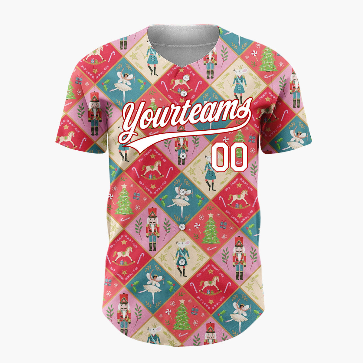 Custom Red Green Nutcracker Ballet Fairies And Trees Elegant Christmas Baseball Jersey