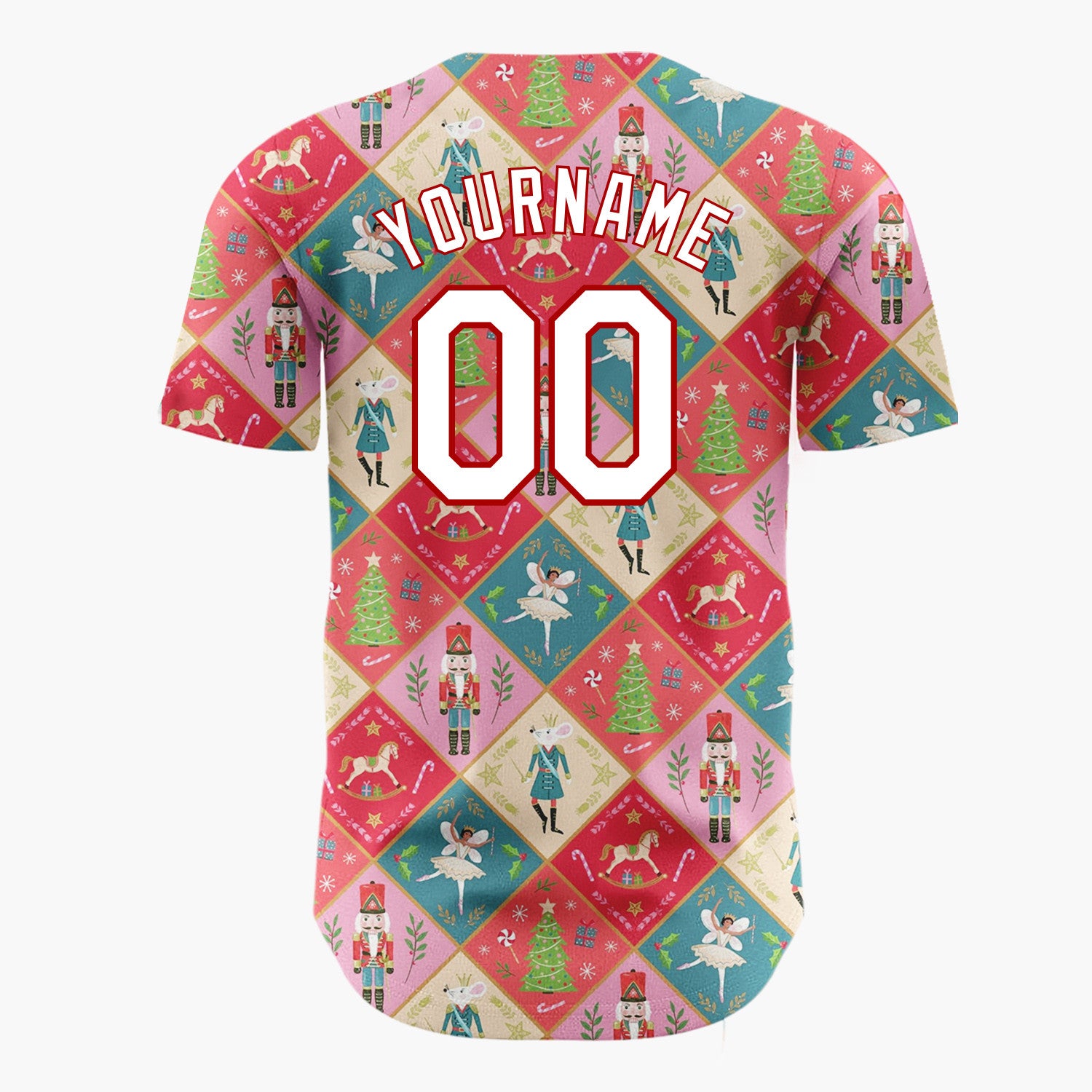 Custom Red Green Nutcracker Ballet Fairies And Trees Elegant Christmas Baseball Jersey