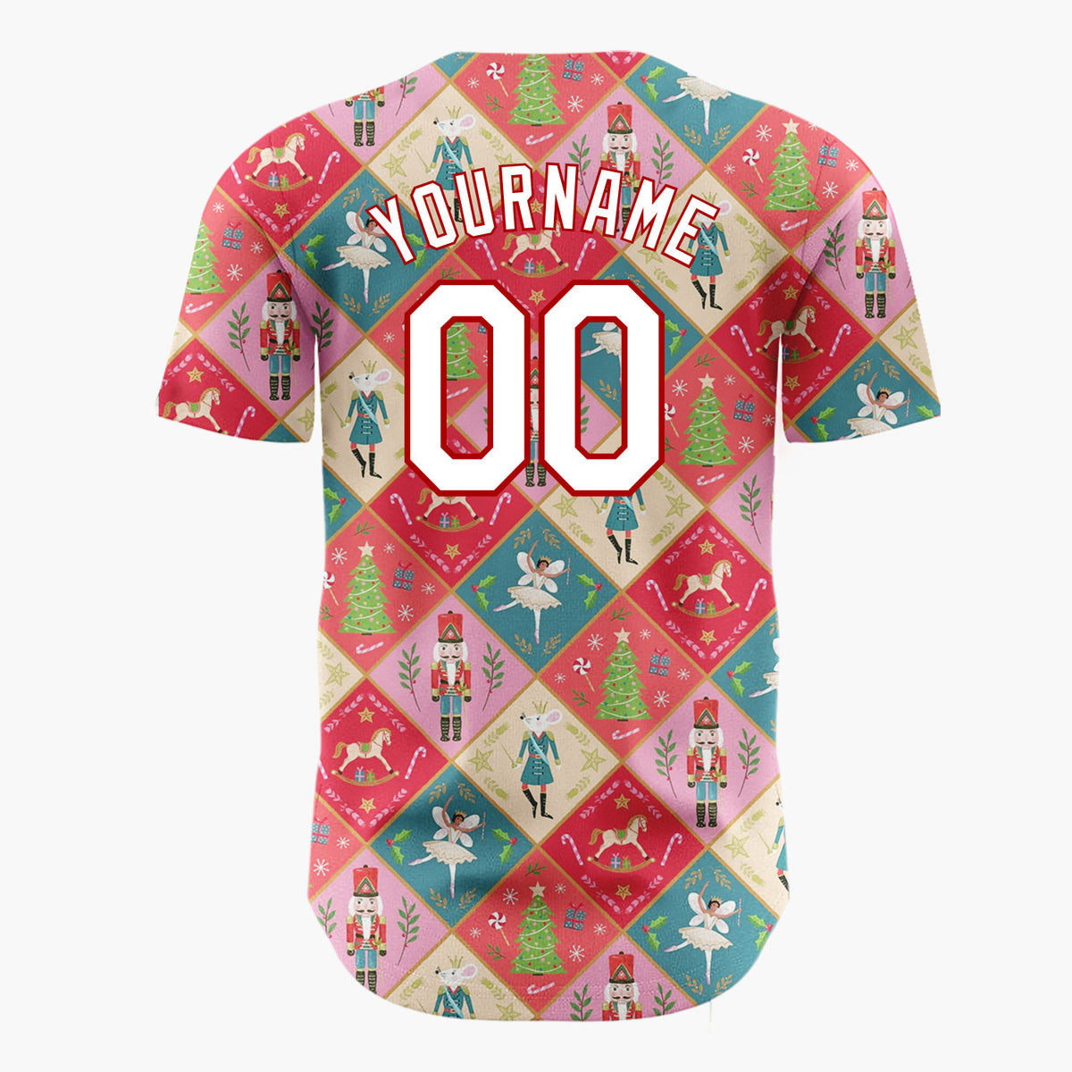 Custom Red Green Nutcracker Ballet Fairies And Trees Elegant Christmas Baseball Jersey