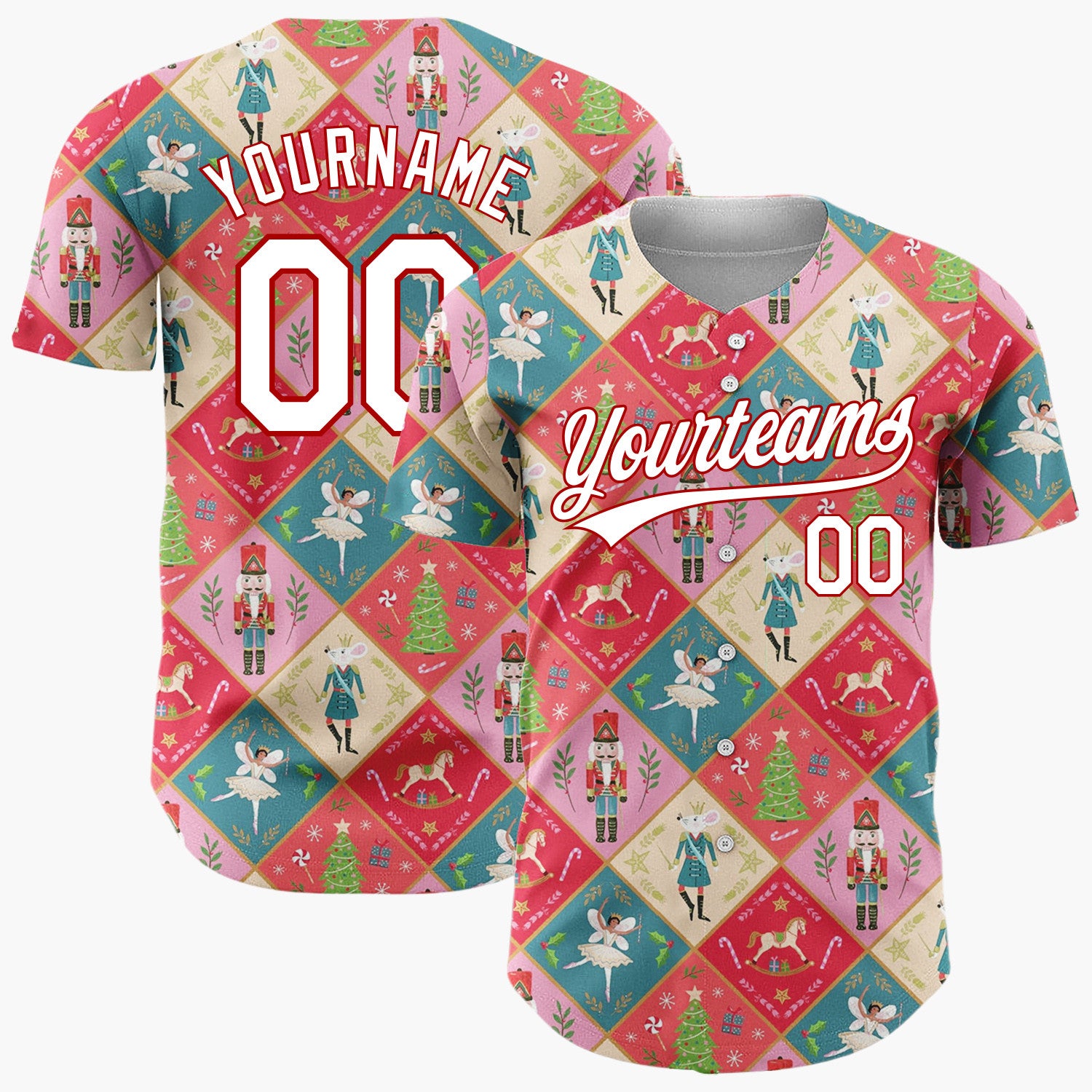 Custom Red Green Nutcracker Ballet Fairies And Trees Elegant Christmas Baseball Jersey
