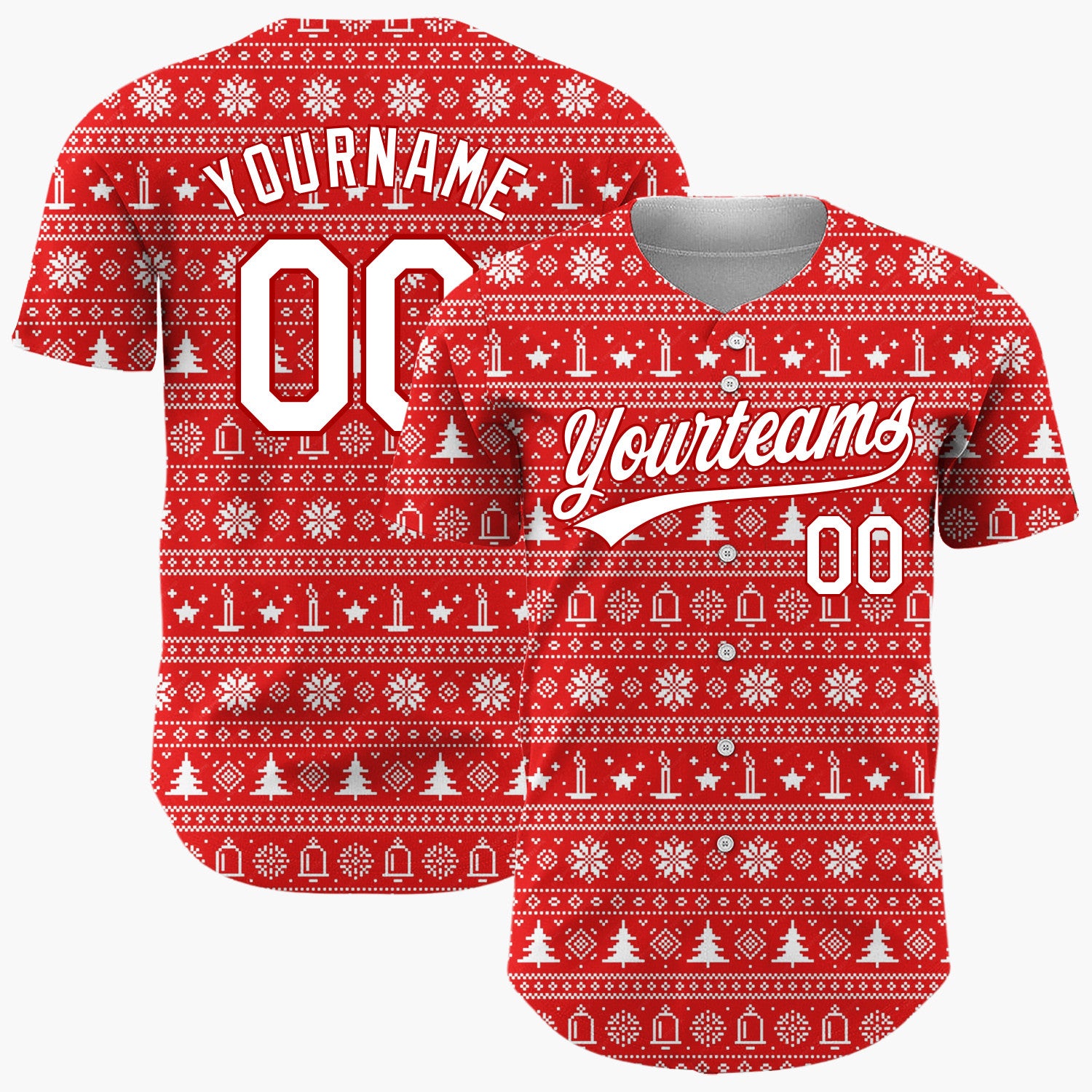 Custom Red Nordic Christmas Trees Stripes Nordic Pattern Christmas Baseball Jersey