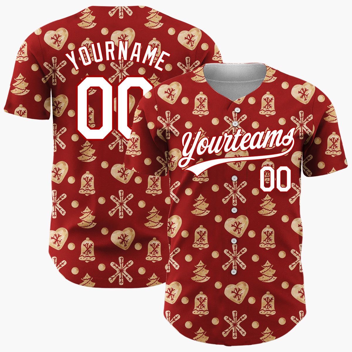Custom Red Gingerbread Cookie Watercolor Pattern Christmas Baseball Jersey