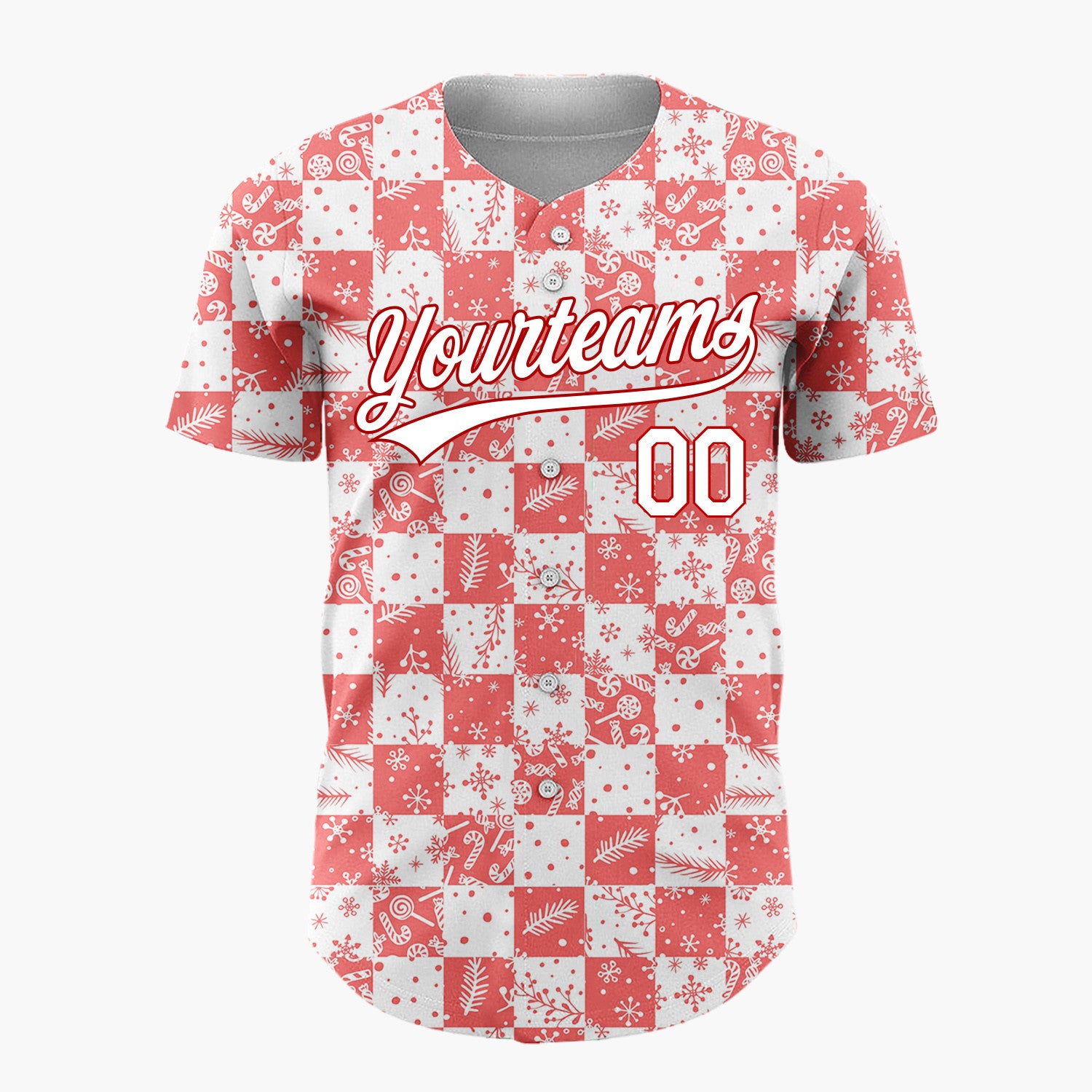 Custom Red White Snowflake And Candy Cane Checkerboard Pattern Christmas Baseball Jersey
