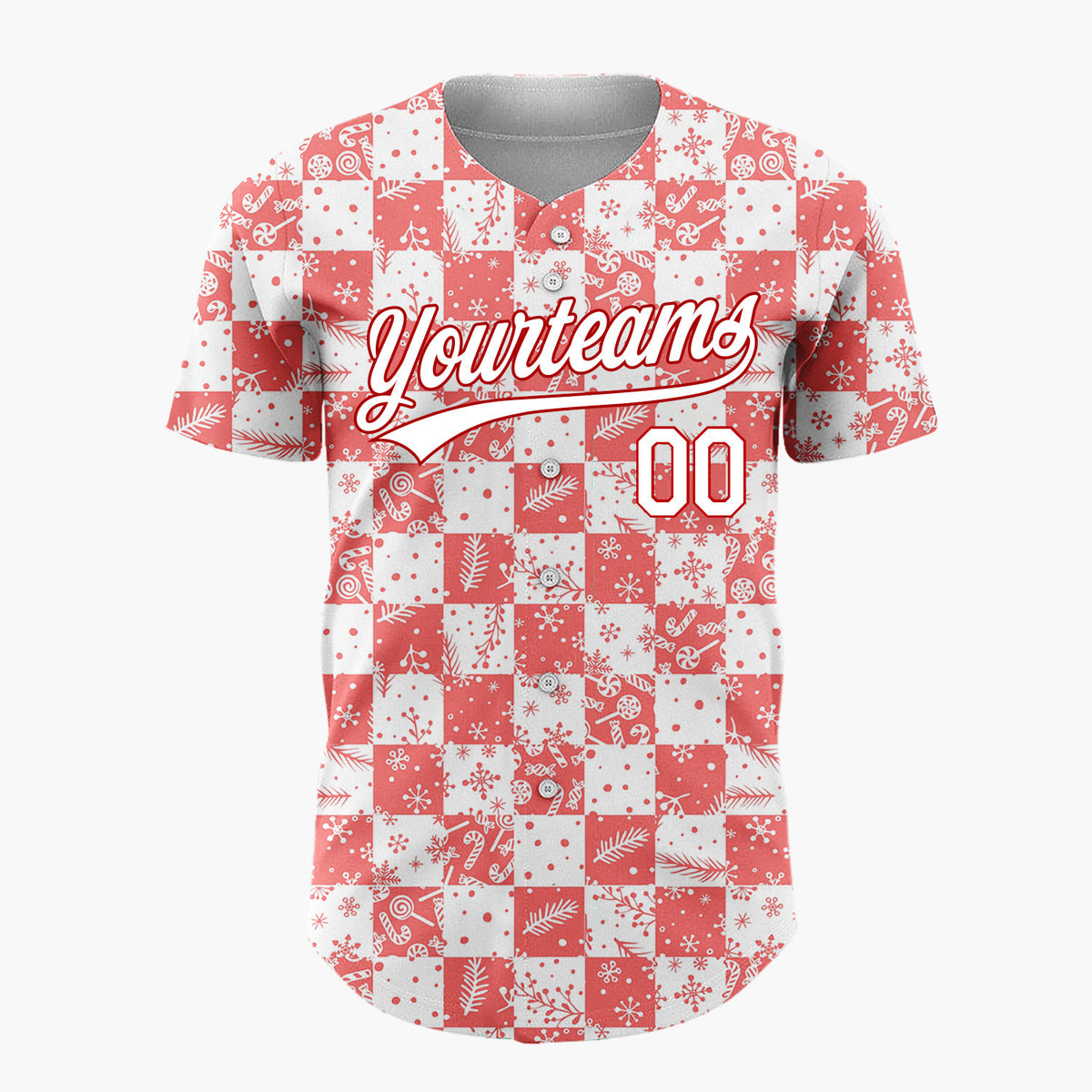 Custom Red White Snowflake And Candy Cane Checkerboard Pattern Christmas Baseball Jersey
