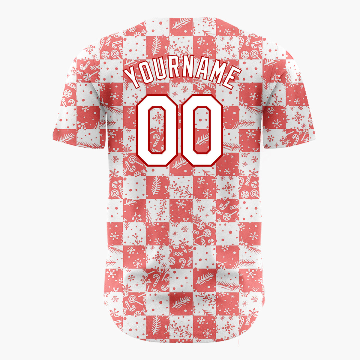 Custom Red White Snowflake And Candy Cane Checkerboard Pattern Christmas Baseball Jersey