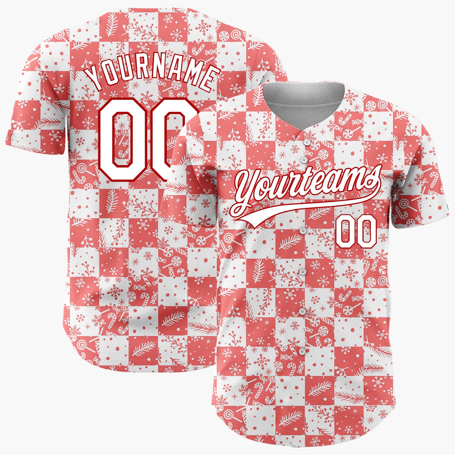 Custom Red White Snowflake And Candy Cane Checkerboard Pattern Christmas Baseball Jersey