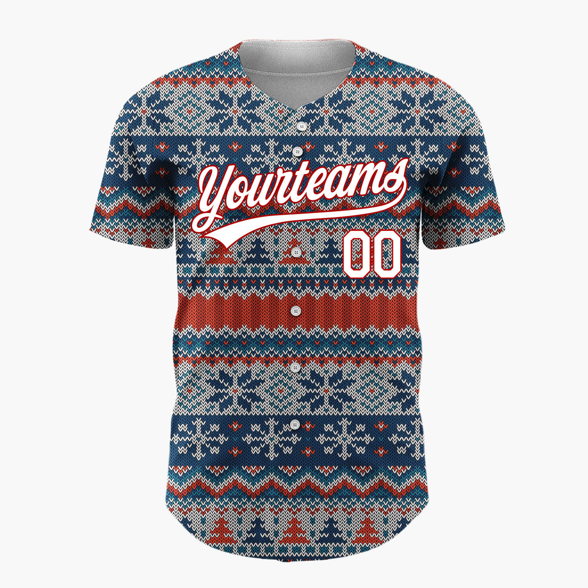 Custom Red Navy Trees And Snowflakes Nordic Knit Christmas Baseball Jersey