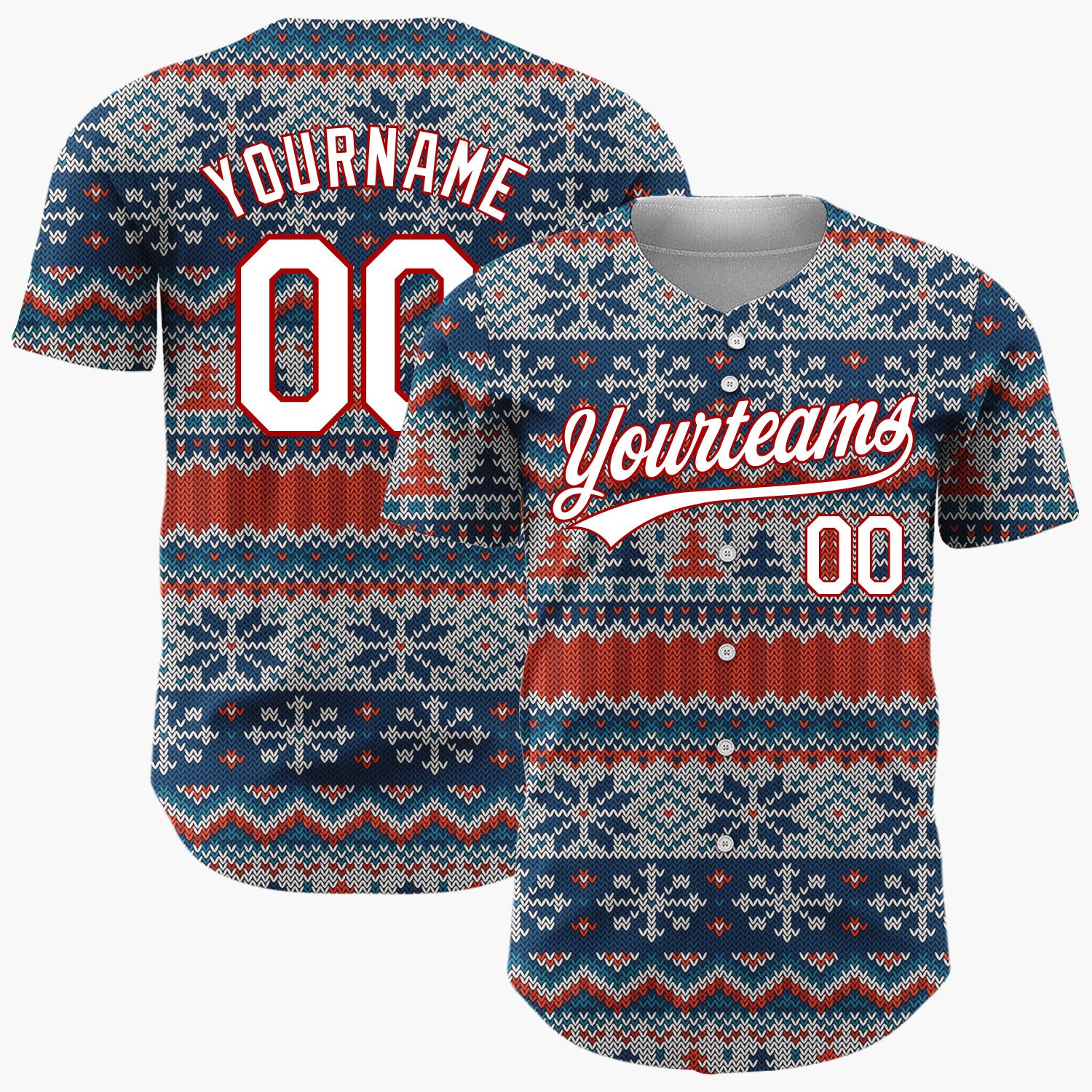 Custom Red Navy Trees And Snowflakes Nordic Knit Christmas Baseball Jersey