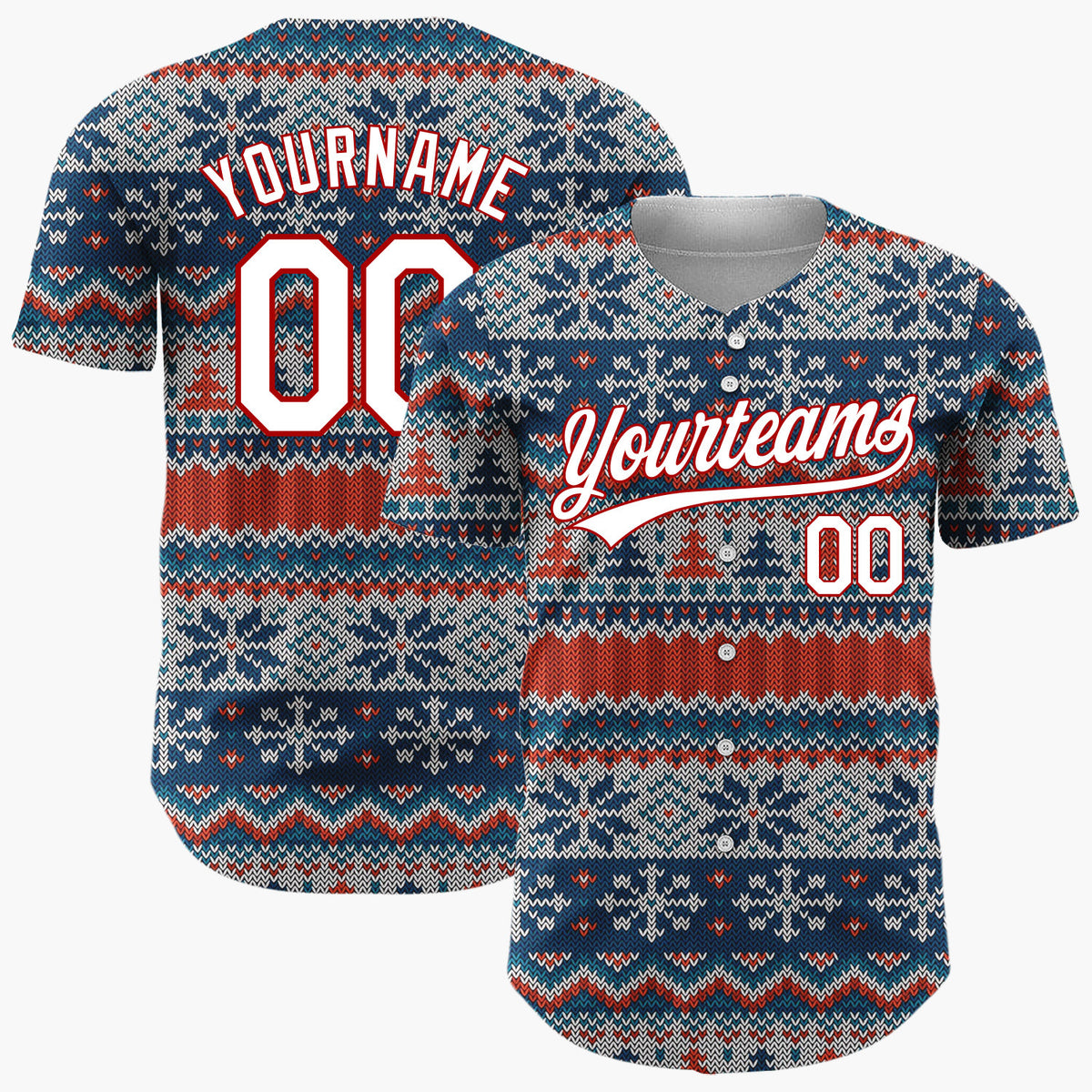 Custom Red Navy Trees And Snowflakes Nordic Knit Christmas Baseball Jersey