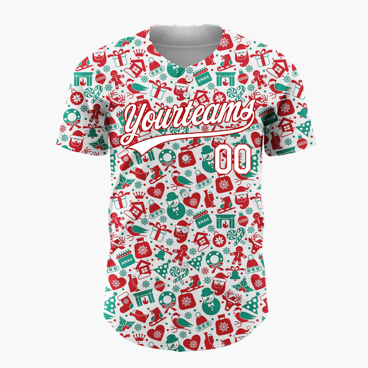 Custom White Red Green Santa Snowmen And Reindeer Cluttered Christmas Icon Pattern Christmas Baseball Jersey