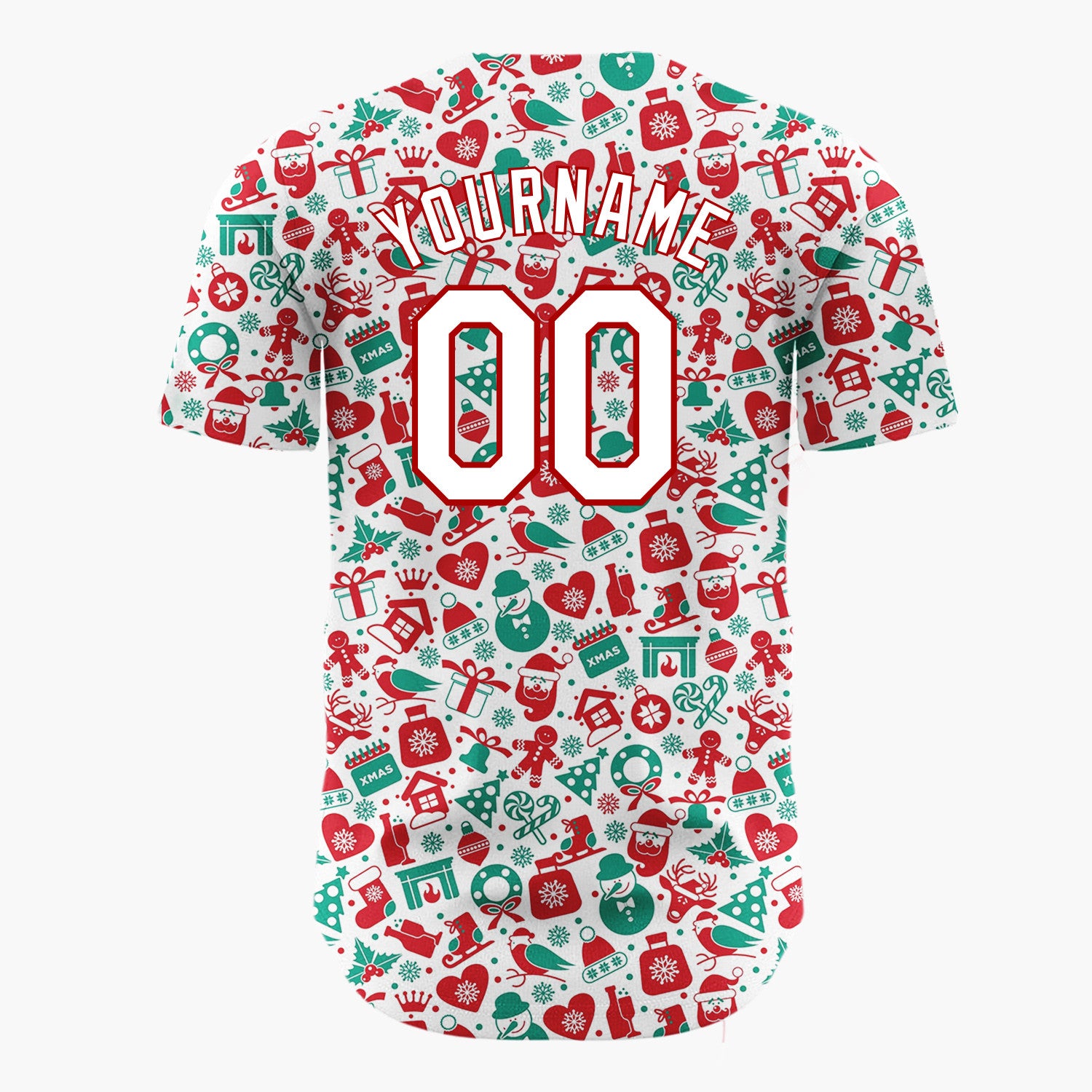Custom White Red Green Santa Snowmen And Reindeer Cluttered Christmas Icon Pattern Christmas Baseball Jersey