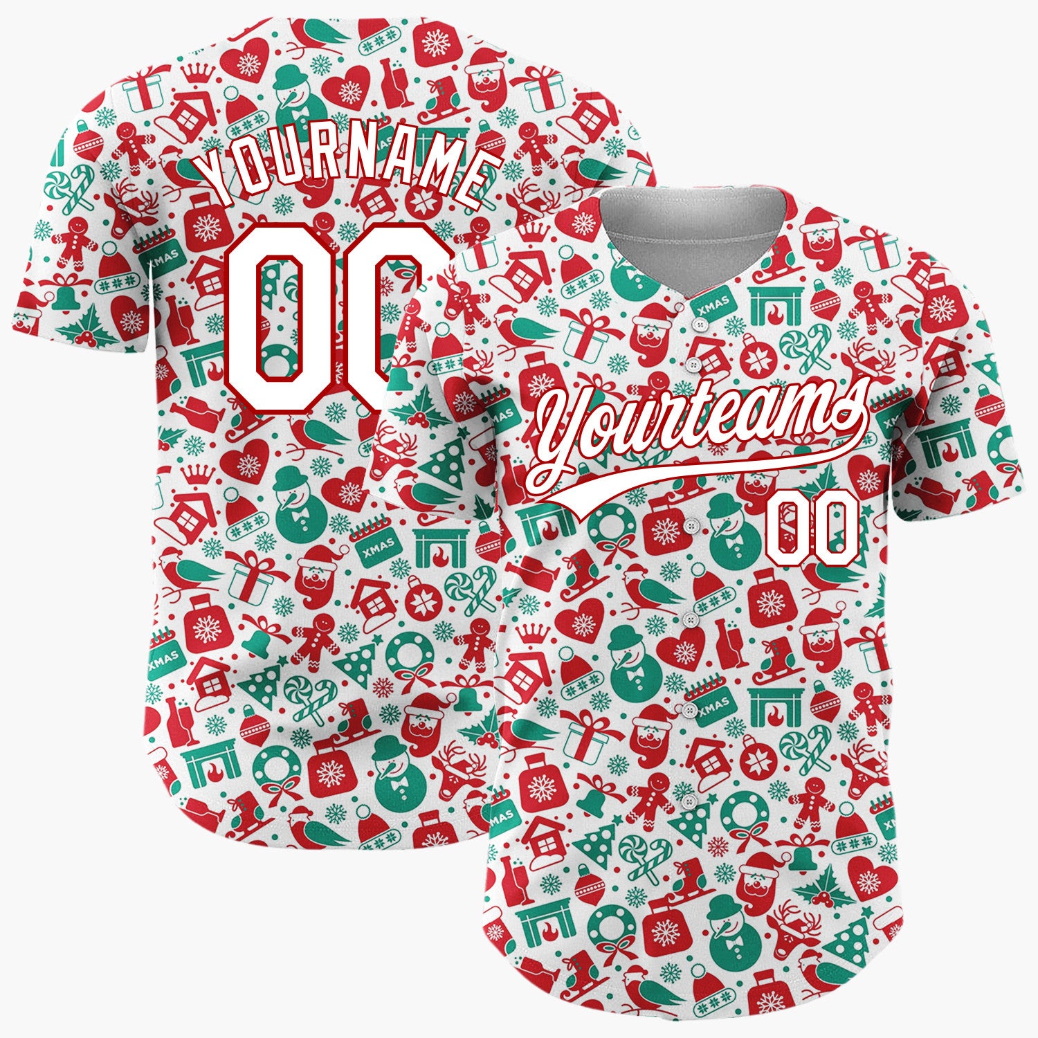 Custom White Red Green Santa Snowmen And Reindeer Cluttered Christmas Icon Pattern Christmas Baseball Jersey