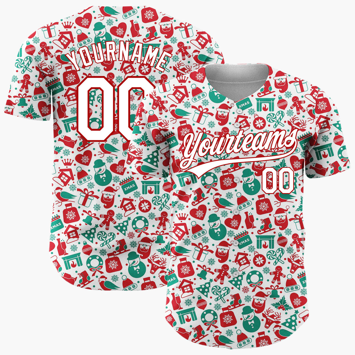 Custom White Red Green Santa Snowmen And Reindeer Cluttered Christmas Icon Pattern Christmas Baseball Jersey
