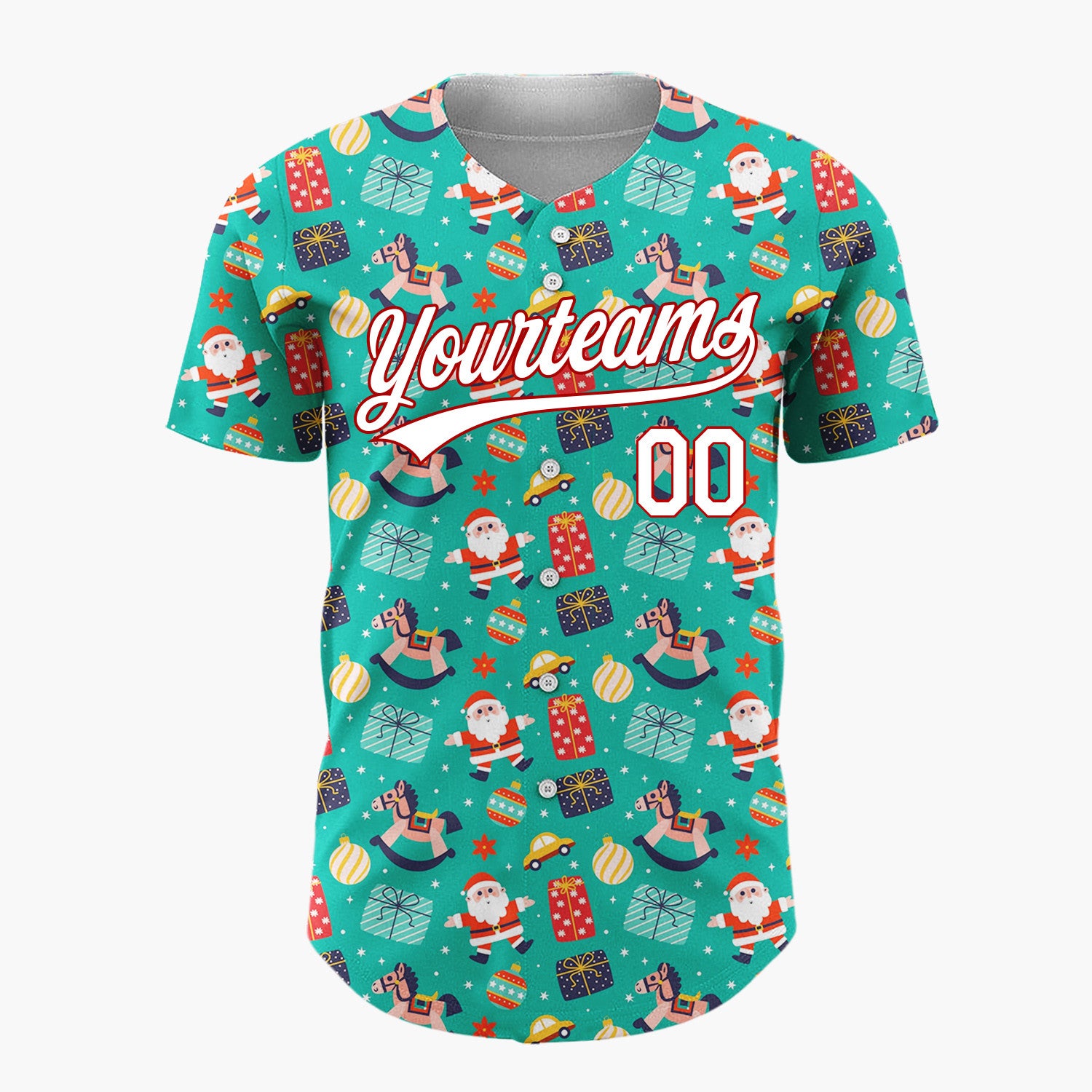 Custom Teal Santa Toys And Gifts Vibrant Christmas Baseball Jersey