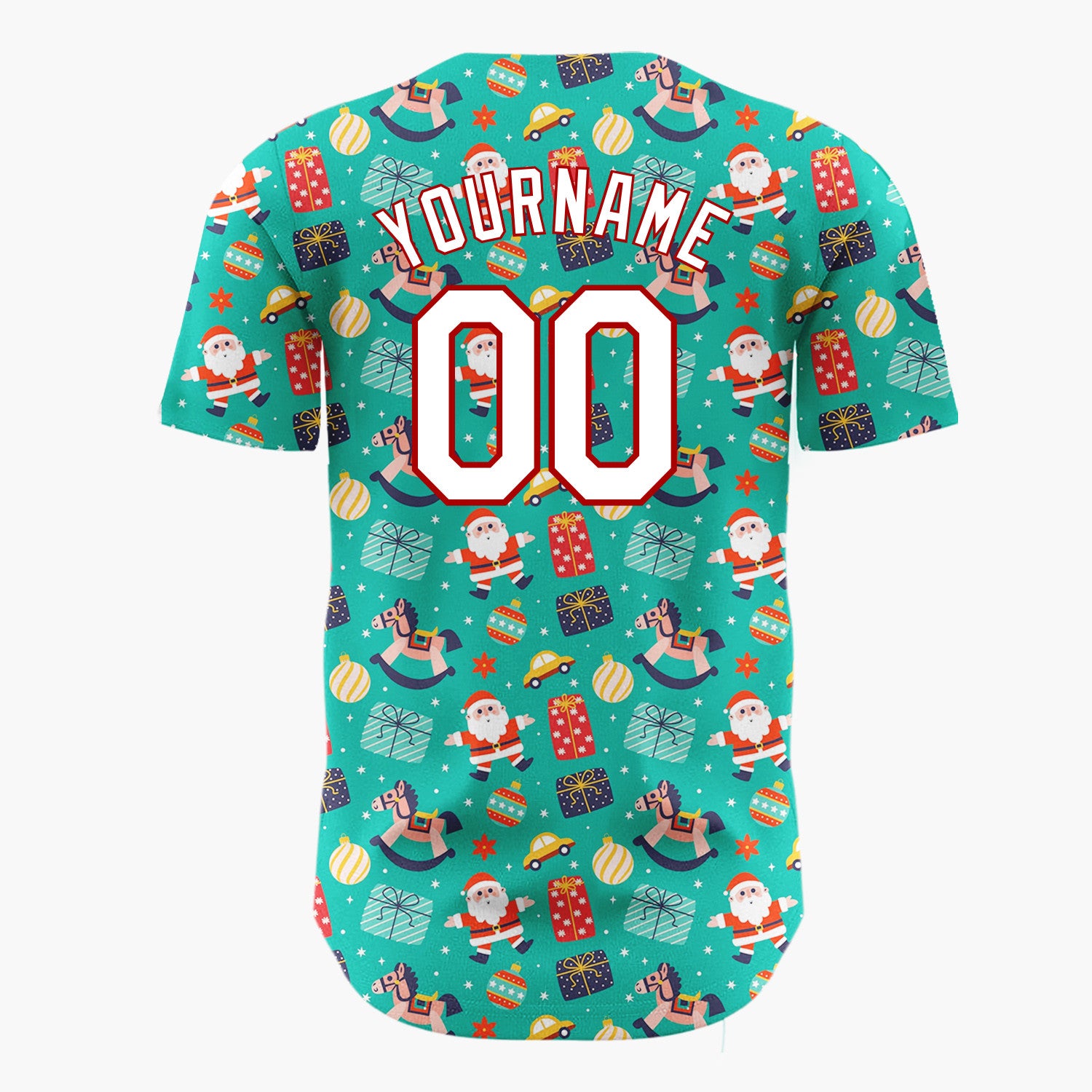 Custom Teal Santa Toys And Gifts Vibrant Christmas Baseball Jersey