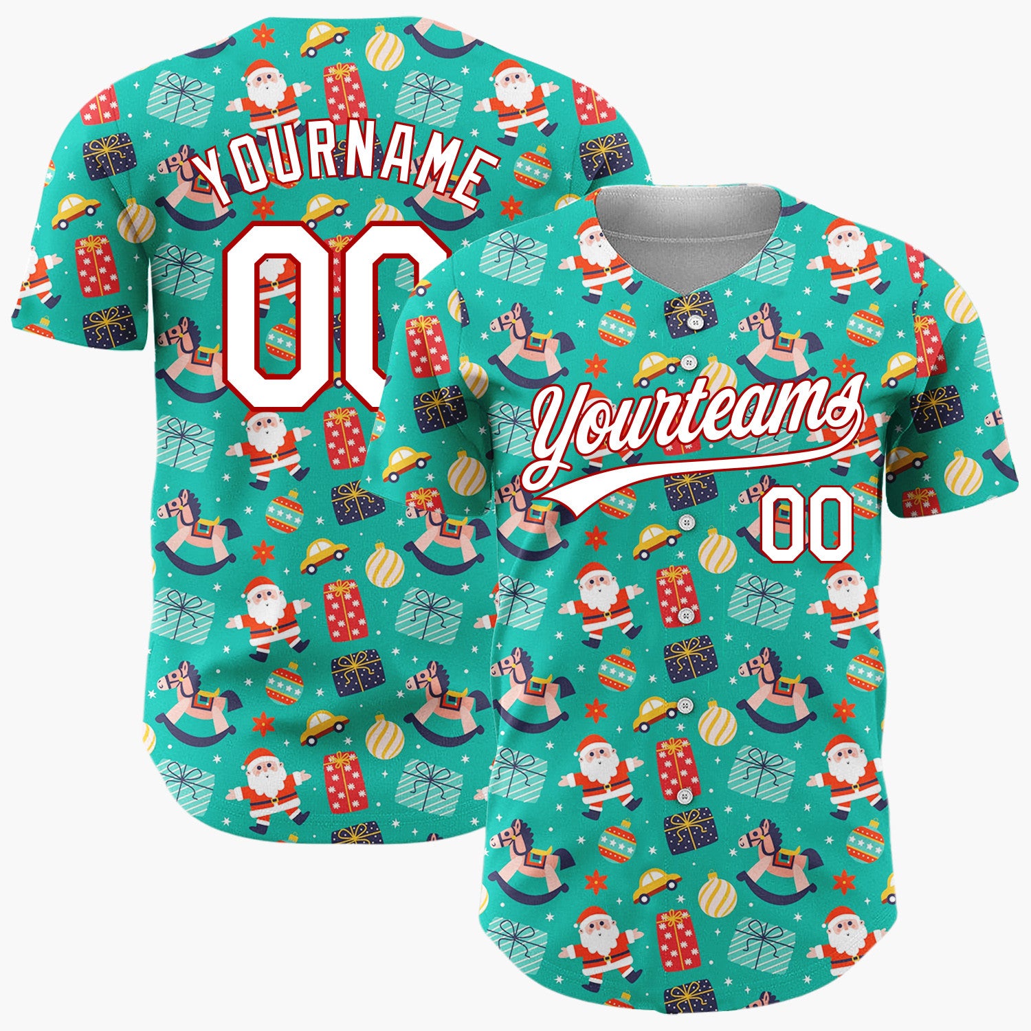 Custom Teal Santa Toys And Gifts Vibrant Christmas Baseball Jersey